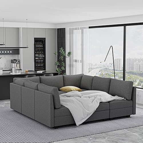 Miniatura 3 de Modern 9-Seater Modular Sectional Sofa Couch, U Shaped Convertible Sofa Bed with Storage, Armless Linen Fabric L Shaped Cloud Couch for Living Room,