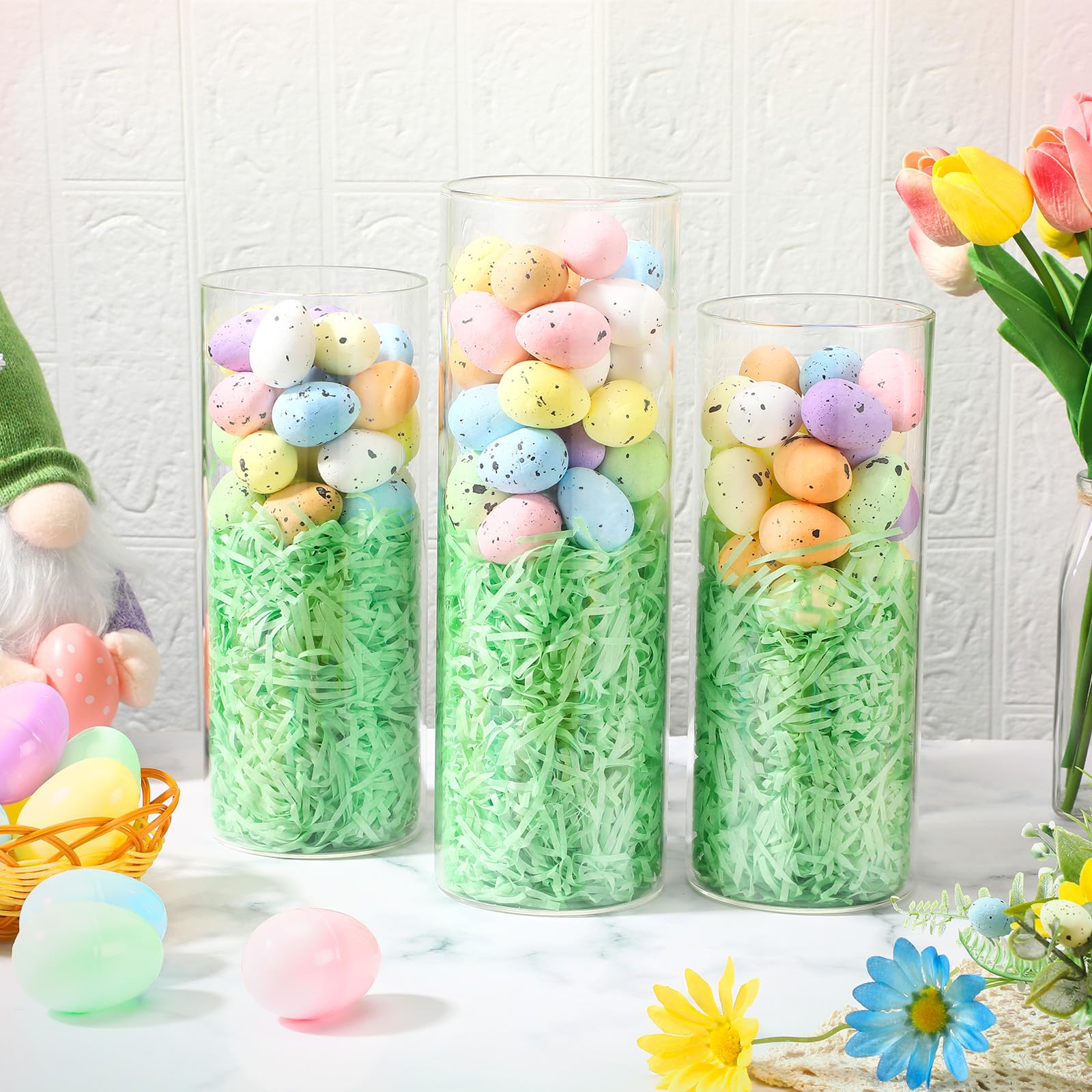 RattanView 104 Pcs Easter Table Centerpiece DIY Set 100 Decorative Small Foam Easter Eggs 3 Clear Cylinder Vase 1 Bag Paper Grass for Easter Party Festival Table Home Spring Decor Craft