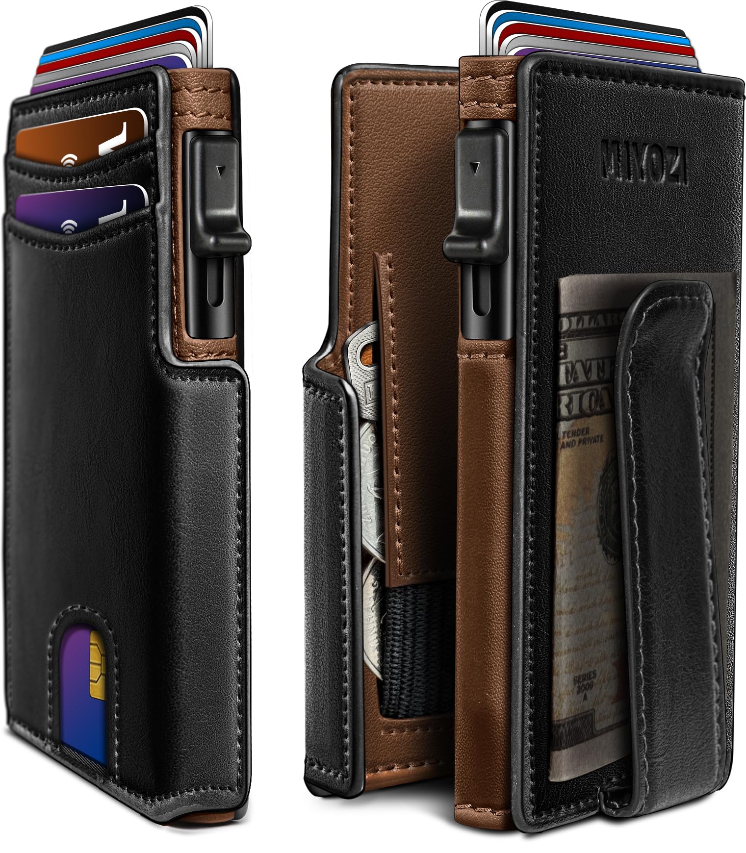 miyozi Men Wallet,with Money Clip Coins Pocket ID Window,Slim Front Pocket RFID Blocking Pop-up Card Holder 3.9"x 2.7", Gift Boxed