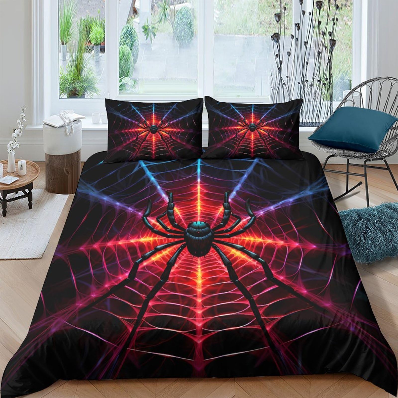 GPLZQXKJNH 3D Printed Spider Web Duvet Cover Set Microfiber Soft Breathable Red Blue Bedding with 2 Pillowcases for Bedroom Decor Single（135x200cm）