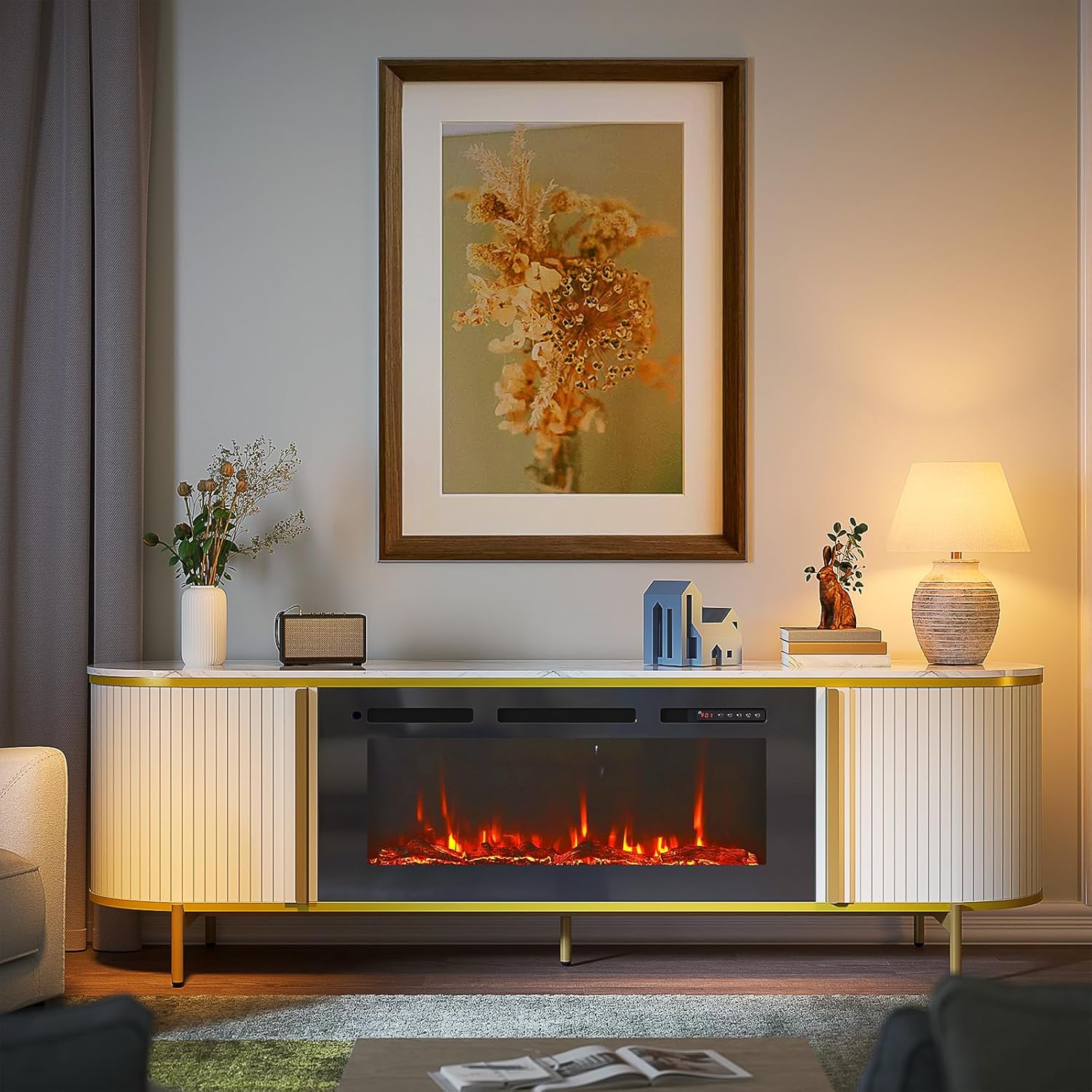 Luxury 70" Fluted Fireplace TV Stand, Modern Chic Entertainment Center for TVs Up to 80", TV Console for Living Room, White Media Cabinet with Storage,70 Inch - Image 9