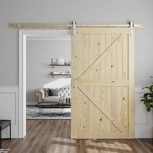Miniatura 7 de SMARTSTANDARD 38in x 84in Sliding Barn Door with 6.6ft Barn Door Hardware Kit & Handle, Pre-Drilled Ready to Assemble, DIY Unfinished Solid Spruce