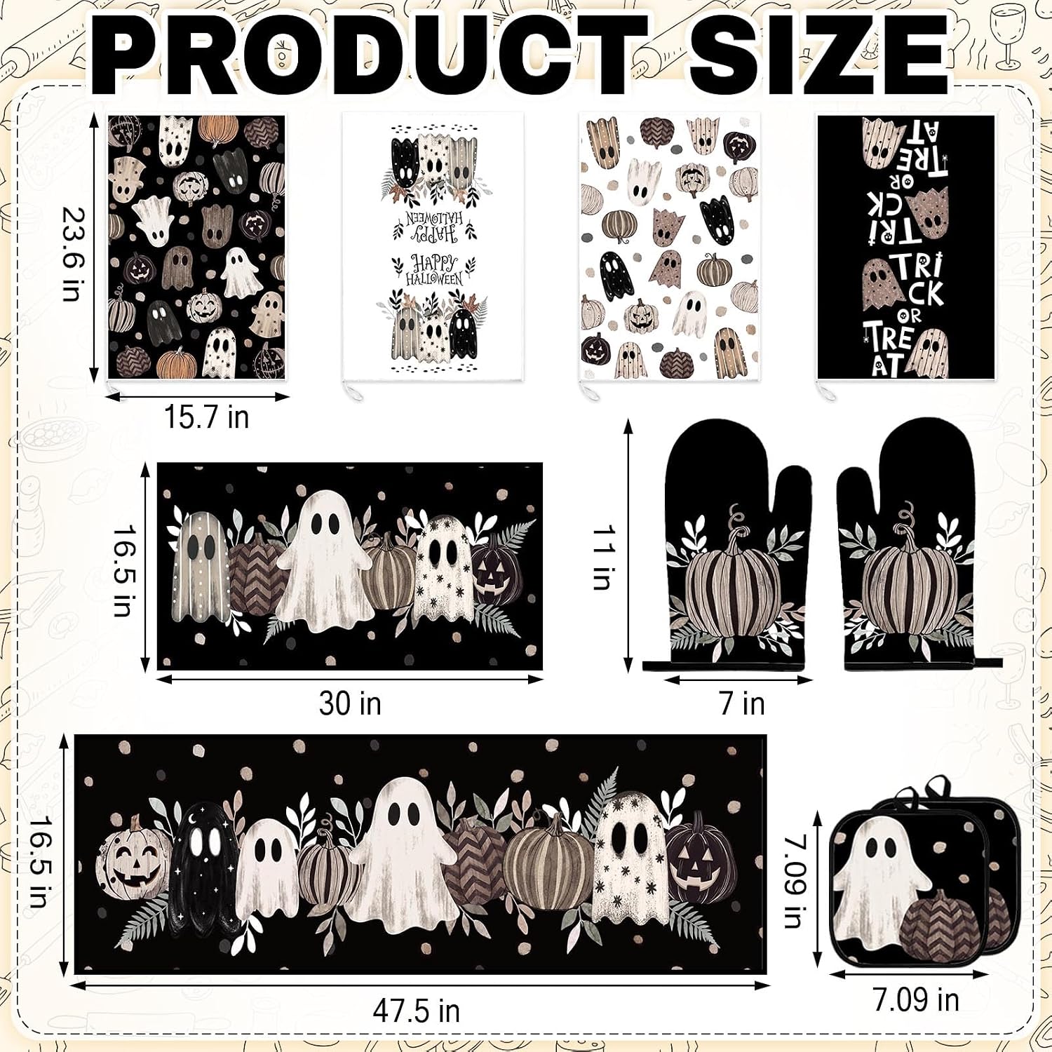 Halloween Kitchen Decor and Accessories Set, 10 Pack, Black Ghost