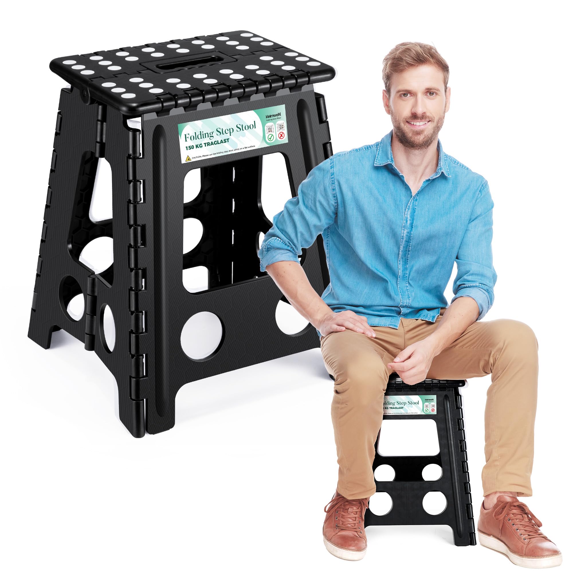 Taburete plegable de 40 cm, color negro, 2025, con capacidad de carga de 150 kg, taburete plegable con bloqueo de seguridad y mango giratorio, ideal para el hogar, oficina, exterior, cuidado