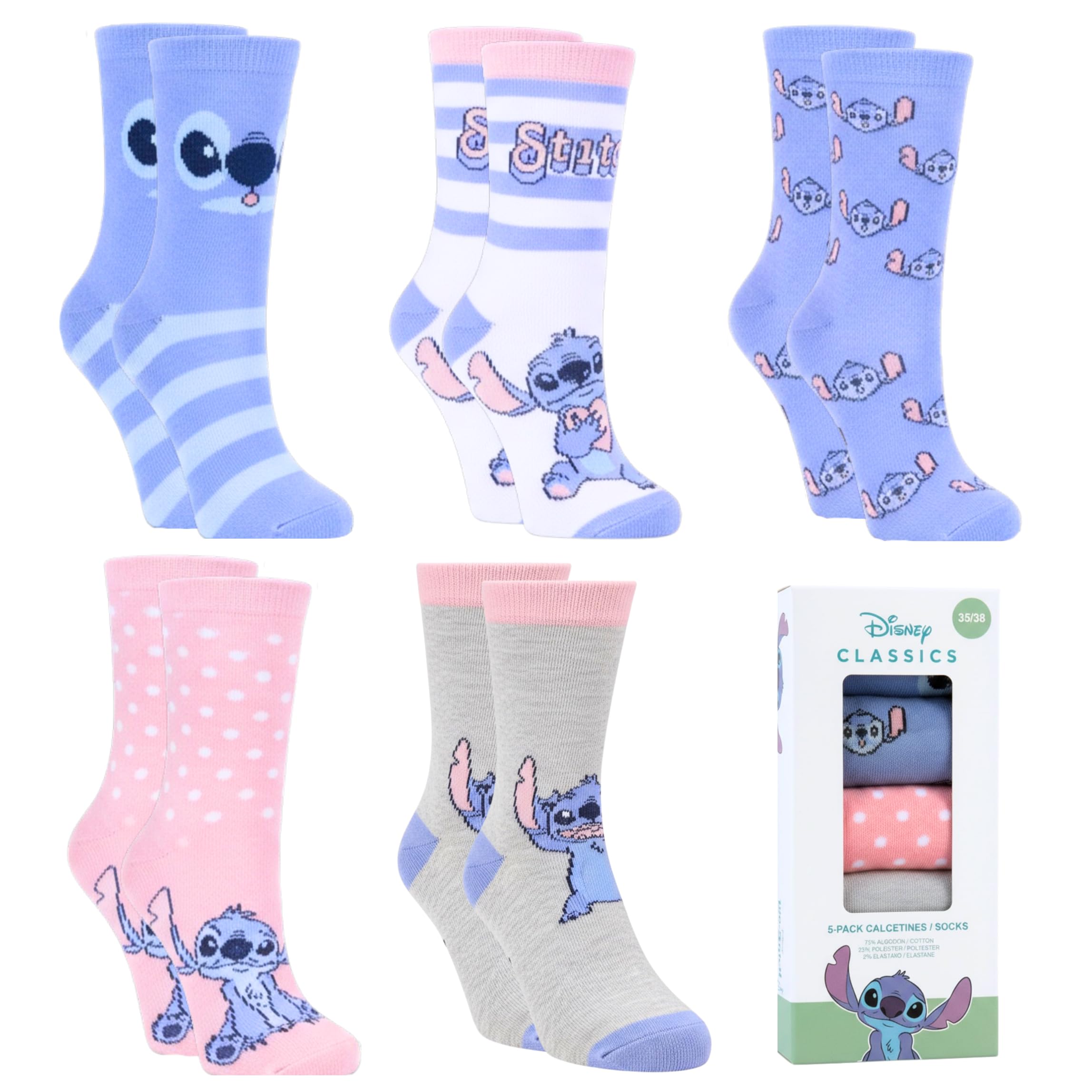 Disney Stitch Mädchen Socken, 5er-Set Klassische Socken für Teenager und Frauen, Größen EU 27 bis 38
