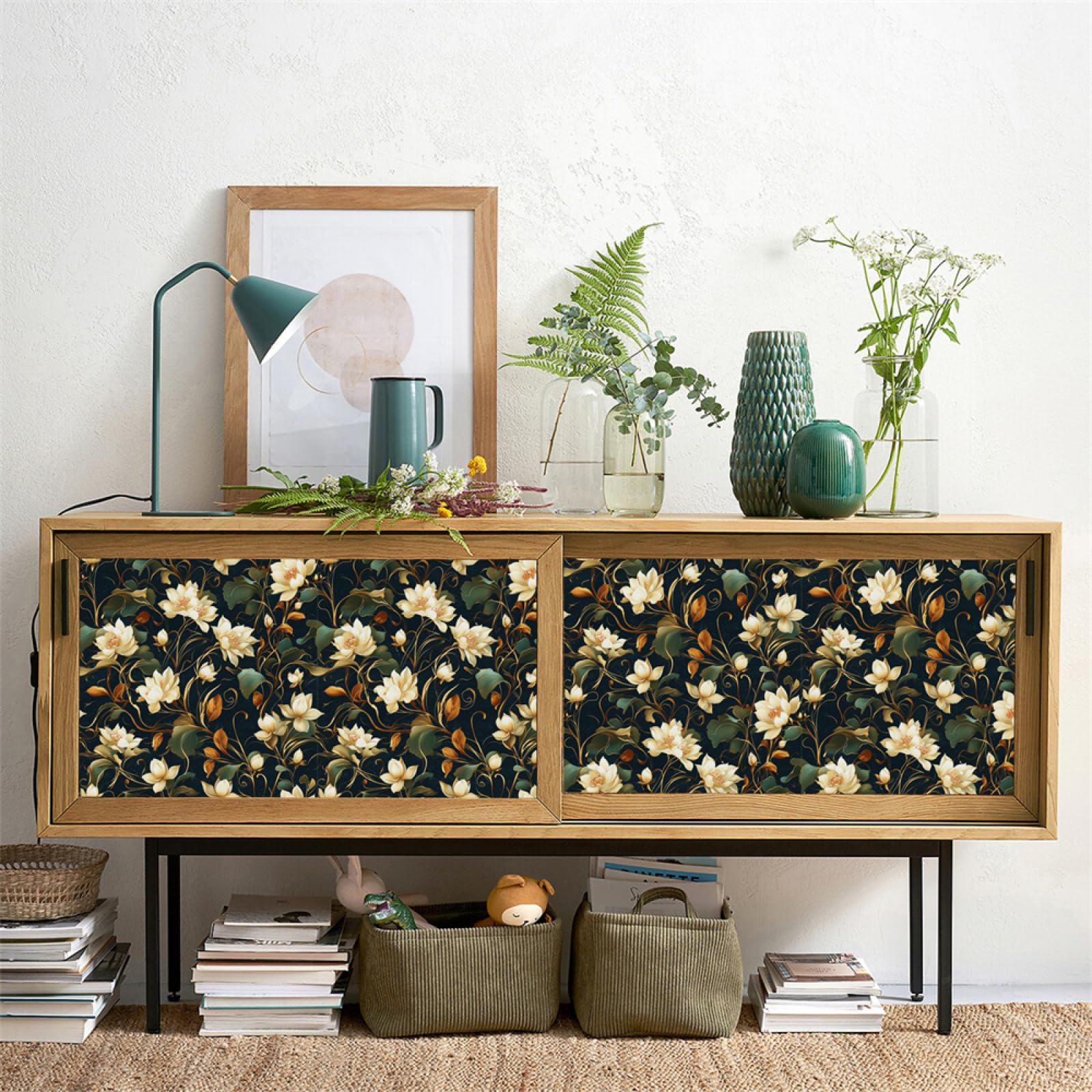 Exquisitos Azulejos Adhesivos de 45 x 300 cm con diseño de Flores Verdes para baño y Cocina, Vinilo Autoadhesivo para Pared, Resistente al Agua y al Aceite, para decoración del hogar.