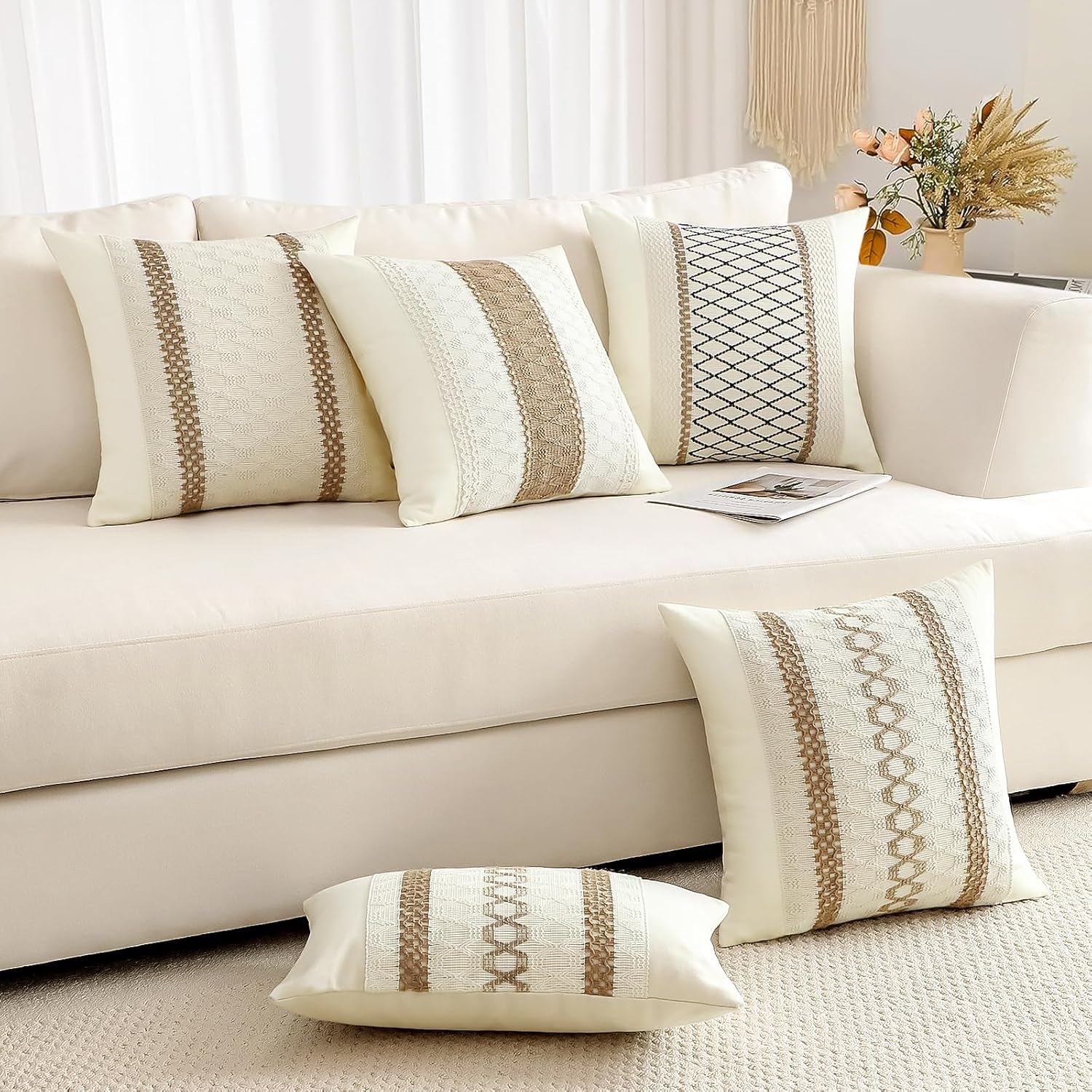 OTOSTAR Set of 2 Boho Decorative Throw Pillow Covers 24x24 Inch, Cotton & Burlap Textured Striped Woven Bohemian Farmhouse Pillow Cases Cushion Covers for Sofa Couch Living Room, Double Striped