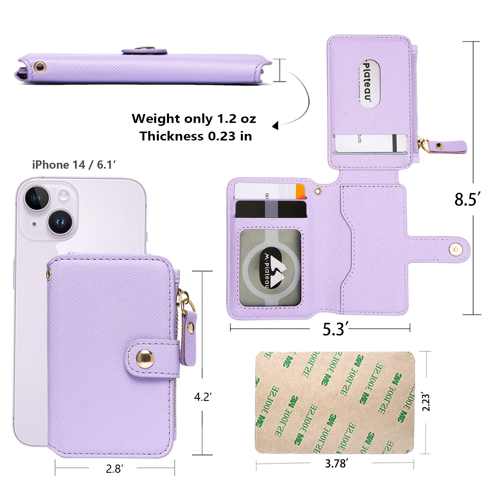 M-Plateau Cartera pequeña para mujer, soporte para tarjetas de crédito para mujer, adhesivo 3M, cartera para teléfono compatible con funda iPhone 14 Pro y la mayoría de teléfonos inteligentes (morado)