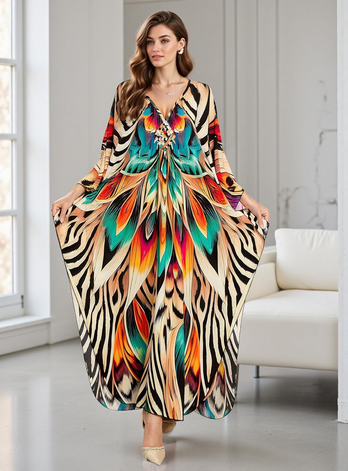 Women's Plus Size Kaftan Dress - Batwing Sleeve Long Beach Cover Up Maxi Dress Swimsuit Cover Loungewear - Image 2