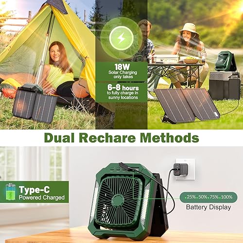 Miniatura 3 de Ventilador de campamento con batería solar de 26800 mAh, ventilador portátil de 3 velocidades con panel solar desmontable de 18 W, ventilador de