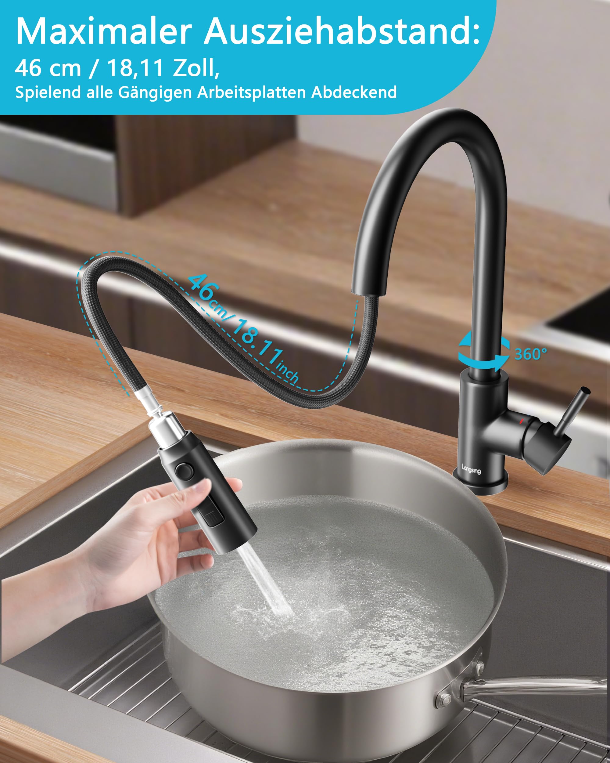 Wasserhahn Küche Schwarz, Hochdruck Küchenarmatur, Drei Strahlarten mit Küchenarmaturen, 360°-Drehbare Wasserhahn Küche, 304 Edelstahl-Armatur Küche(Schwarz)