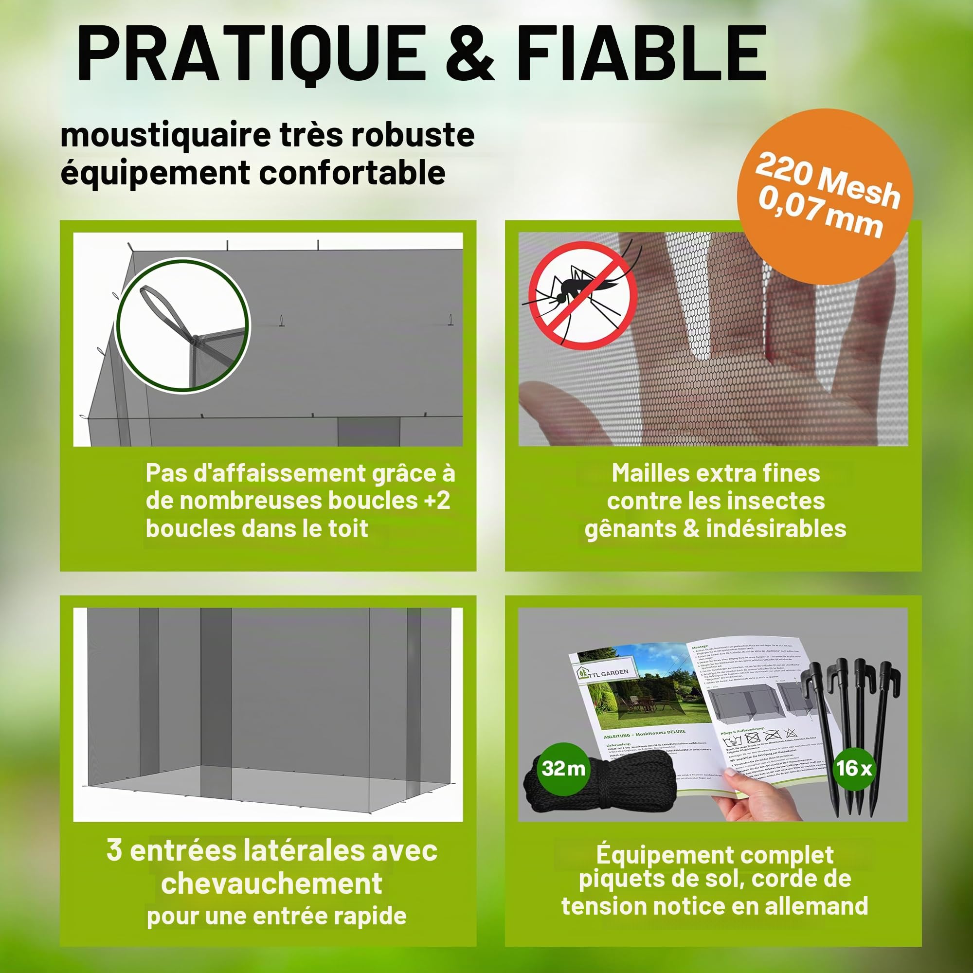 TTL GARDEN Moustiquaire Deluxe XXL - 500 x 300 x 250 cm - Noir - Maille fine de 0,07 mm - 3 entrées - Résistante aux UV et respirante - Protection contre les insectes
