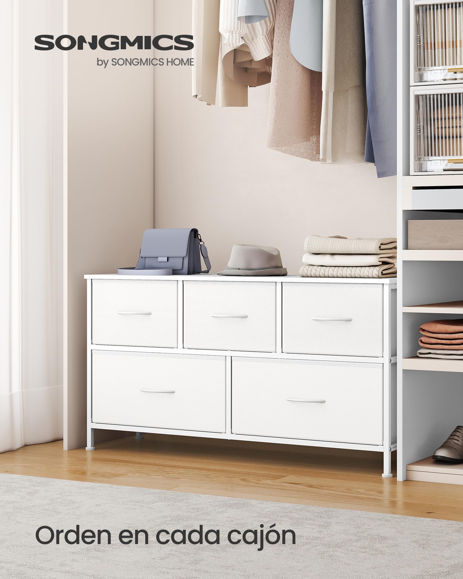 SONGMICS BELLAH Colección - Cómoda, con 5 Cajones para Dormitorio, Mueble de Almacenaje, Acero, MDF, Tela no Tejida, para Dormitorio, Armario, Recibidor y Salón, Blanco Nube y Blanco Nieve LGS322WH01