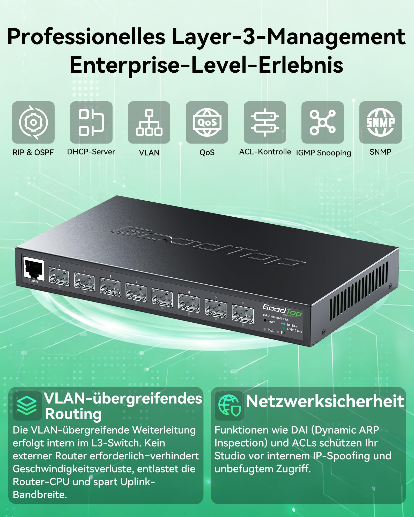 8-Port 10Gb Switch, L3 Switch Managed, Unterstützt OSPF/RIP/VLAN/QoS/LACP | 10 Gbit Netzwerk-Switch nur mit SFP+ Slots | Lüfterlos | Metallgehäuse | Layer 3 Switch mit Web/CLI Verwaltung