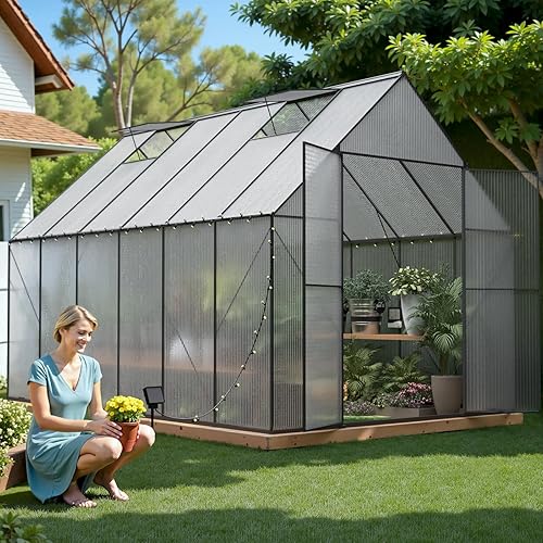 8x12 FT Greenhouse for Outdoors,Heavy Duty Polycarbonate Greenhouse,Large Walk-in Greenhouse with Roof Vent,Aluminum Hot House for Outside Green House Garden Backyard