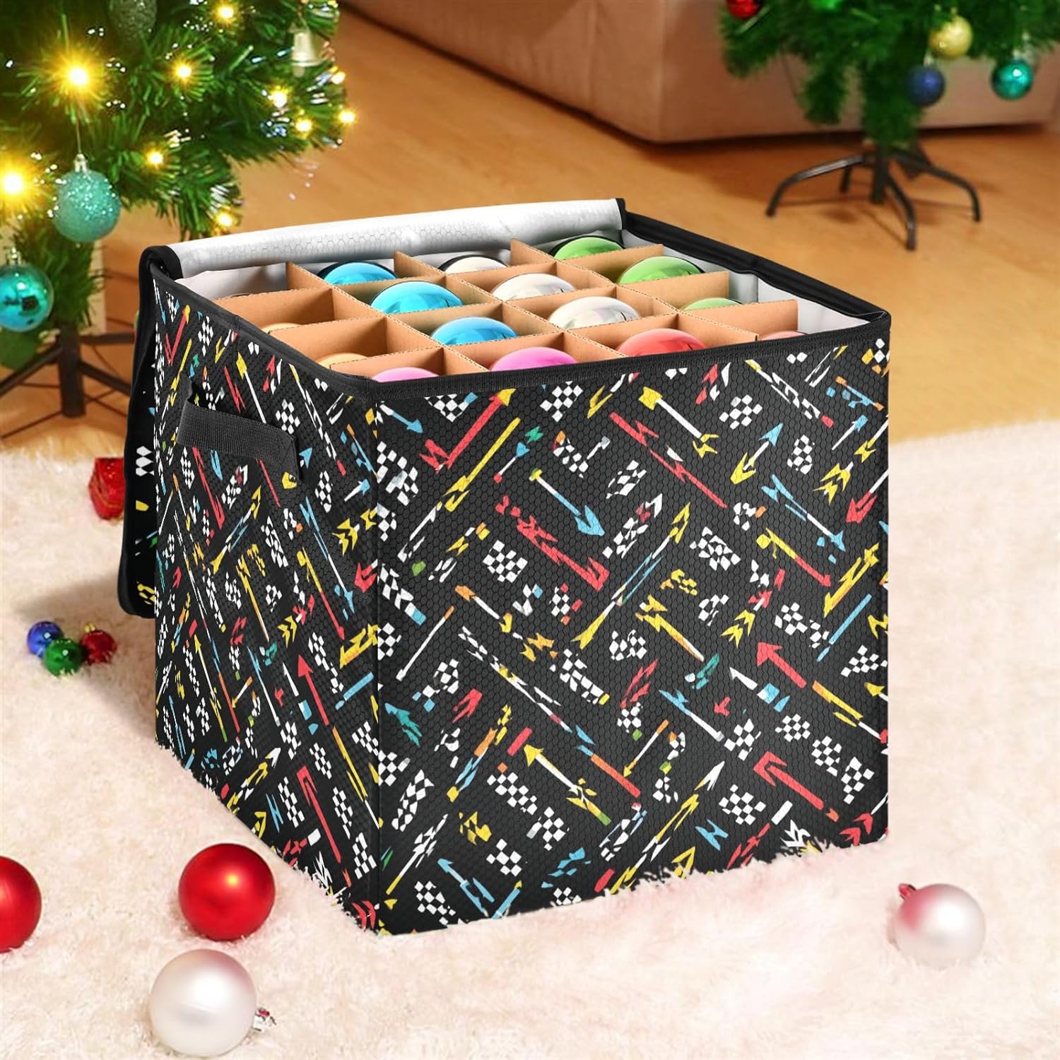 Vibrant Arrow Decor Black Christmas Ornament Storage,Stores up to 64 Holiday Ornament,Adjustable Dividers,Zippered Top,Two Handles Attractive Storage Box Keeps Decorations Clean