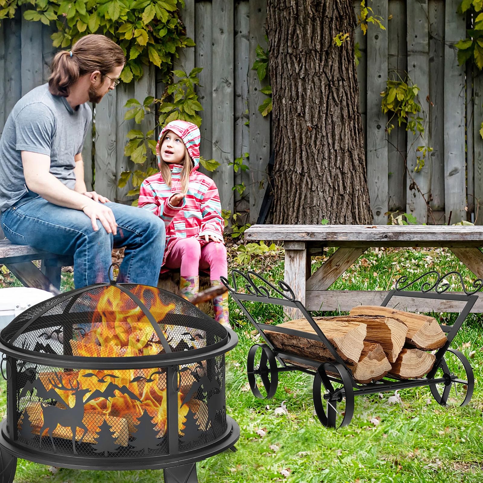 Kaminholzregal, robuster Kaminholzhalter aus Metall mit beweglichen Rädern, Holzlager-Stapelregal für den Innen- und Außenbereich, langlebiger, pulverbeschichteter Stahl Holzscheitaufbewahrung