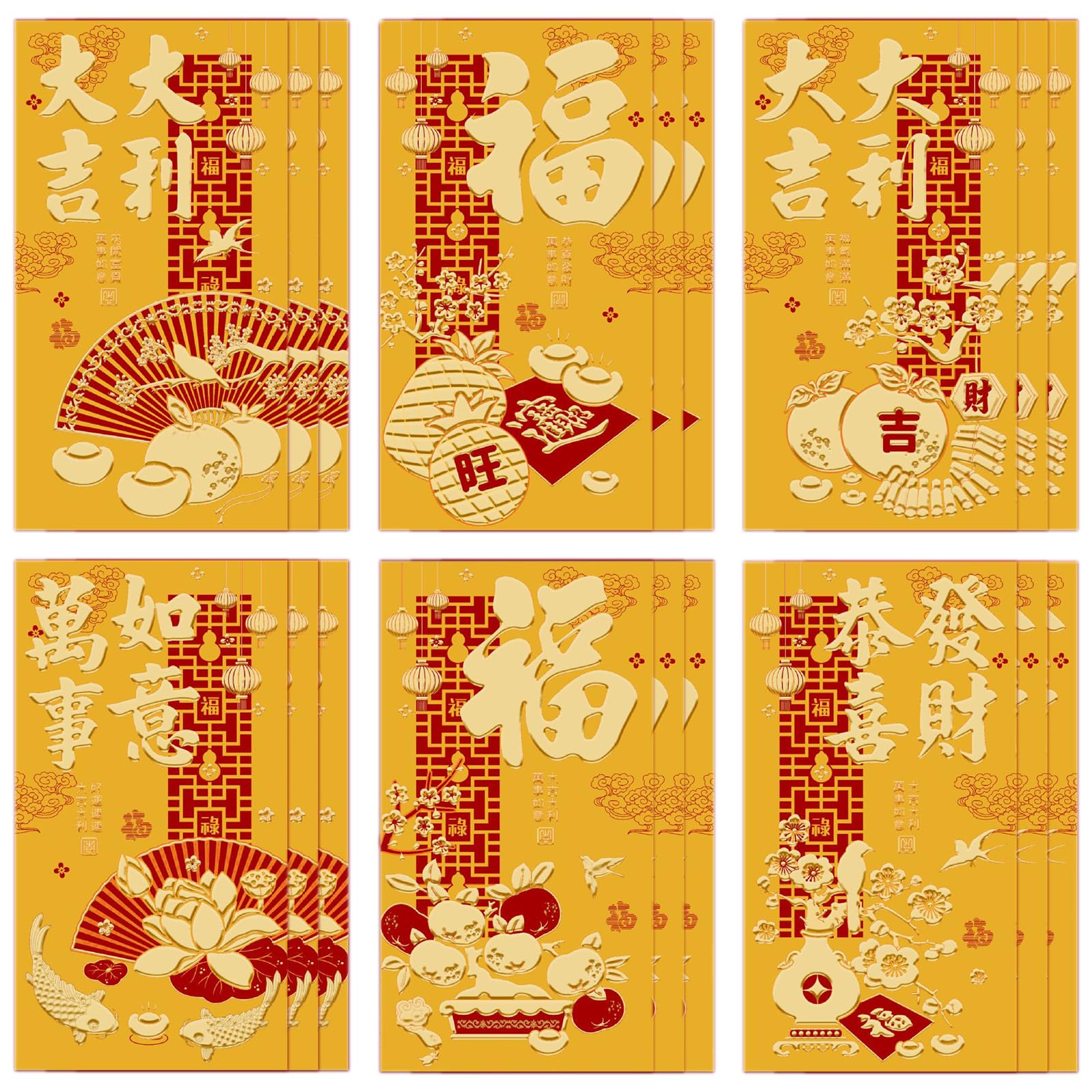 Hongbao Buste Rosse Cinesi 18 pezzi, Design Tradizionale Simbolo di Fortuna (Oro) - Dimensioni Standard per Capodanno Cinese, Capodanno Lunare, Matrimoni e Compleanni