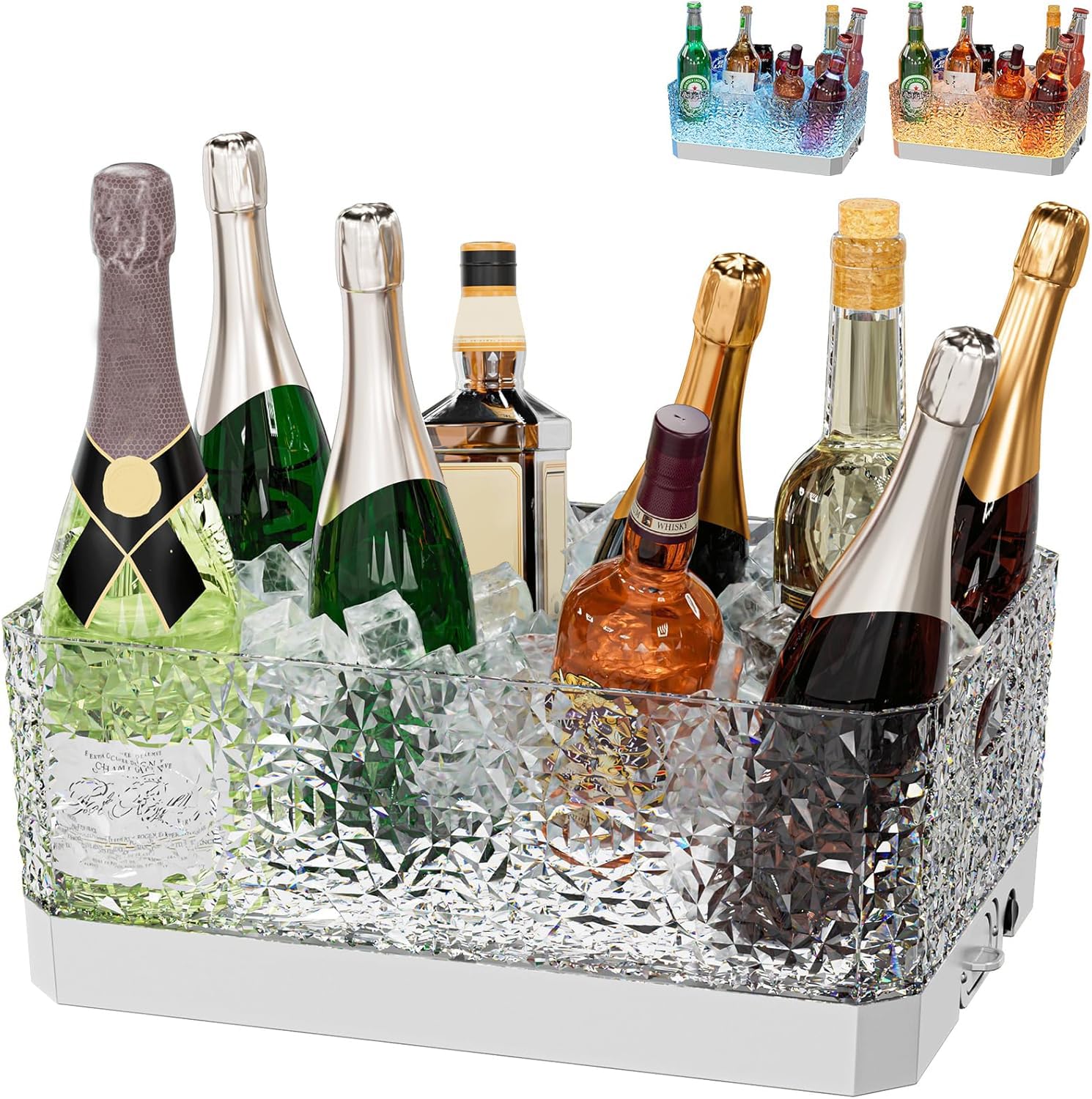 Plastic Ice Bucket for Parties, 15Liter / 4 Gallon Big Large Clear Beverage Tub for Champagne Beer Drink Wine Cocktails Bar, Hosting Party Essentials, LED Light Up, Rectangular, Leakproof