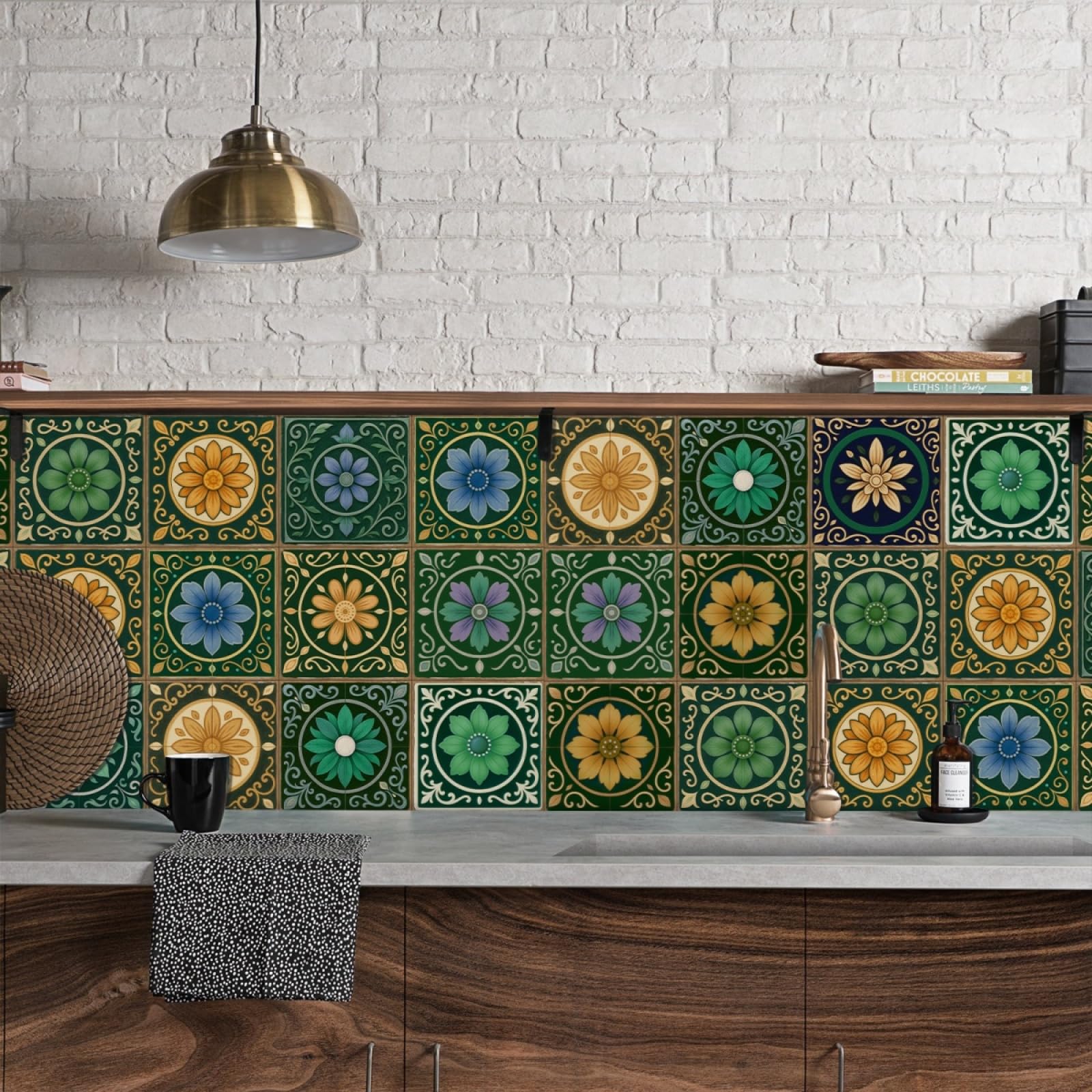 LMYSXAOZ Tile Stickers Green Mandala Orange Stick on Kitchen Tiles Self Adhesive Wall PVC Peel and Covers Transfers Oil-Proof Splashbacks for Walls Removable 15x15cm/24 Pcs