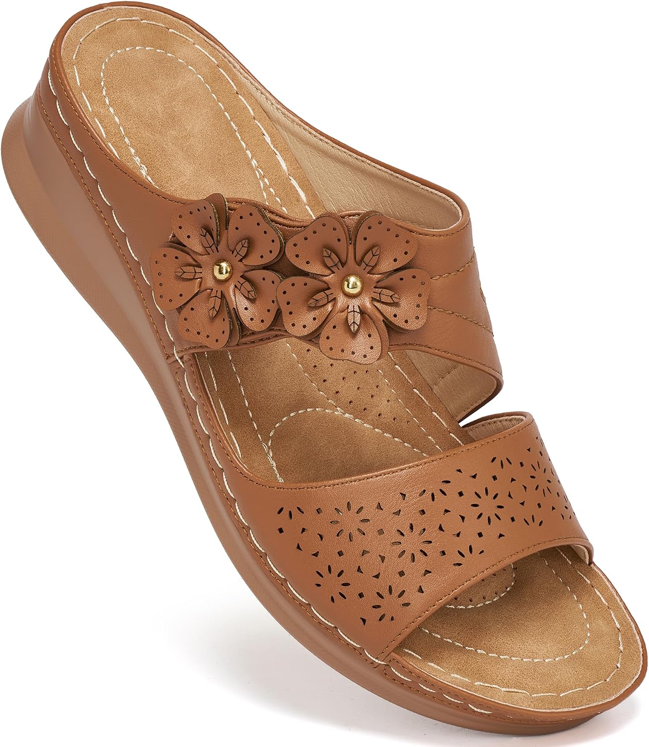 Ablanczoom Womens Wedge Sandals Dressy: Slip On Comfortable Summer Shoes Floral Platform Slides for Casual Walking