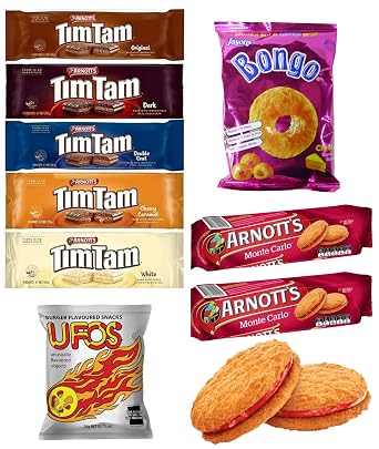 Sampler Tim Tam Chocolate Biscuits 9 Party Pack Assortment - 1 Original, 1 Dark, 1 Double Coat, 1 Chewy Caramel, 1 White, 1 Bongo, 1 UFOS, 2 Monte Carlo Jam Biscuit - Family Pack