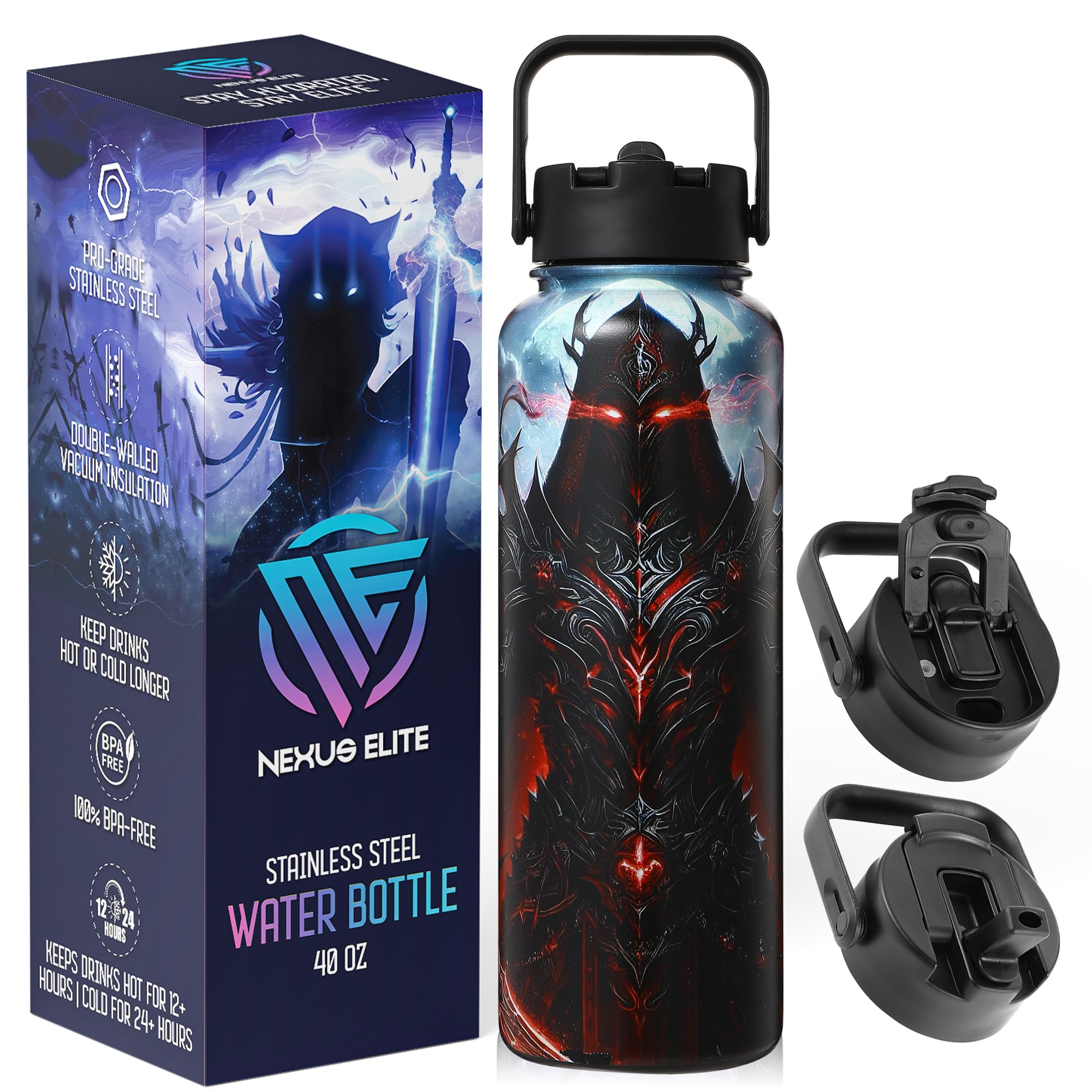 Anime Water Bottle 40 oz – Blood Revenant Edition, Insulated Stainless Steel Bottles with Straw for Men & Boys, Leakproof Teens & Kids Tumbler, Gaming