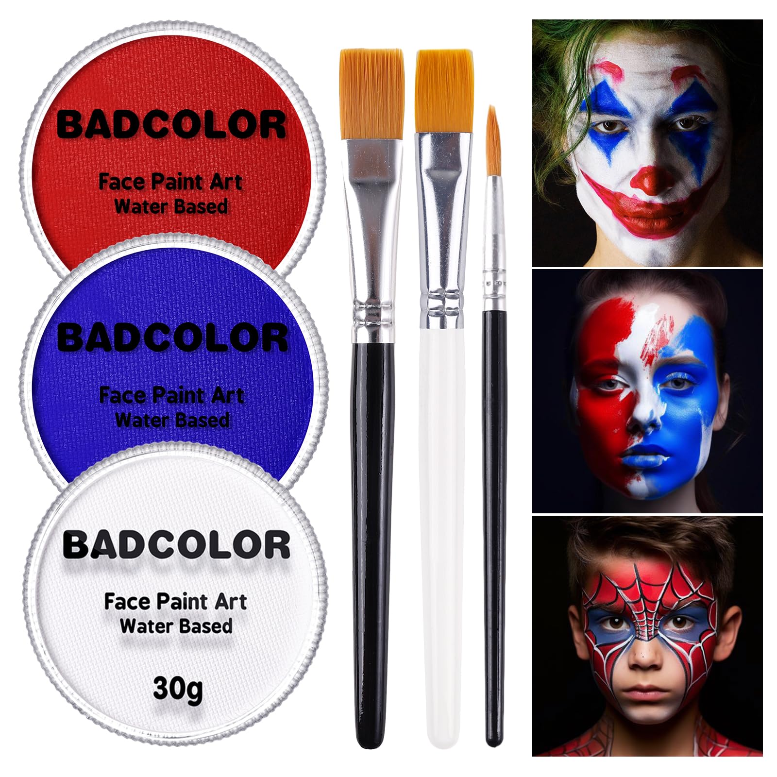 US Flag Red White And Blue Joker Face Body Paint, Water-Based Face Painting Kit with Brushes for America’s Patriotic Parades 4th of July USA Independence Day & Halloween Costume Clown Cosplay Makeup