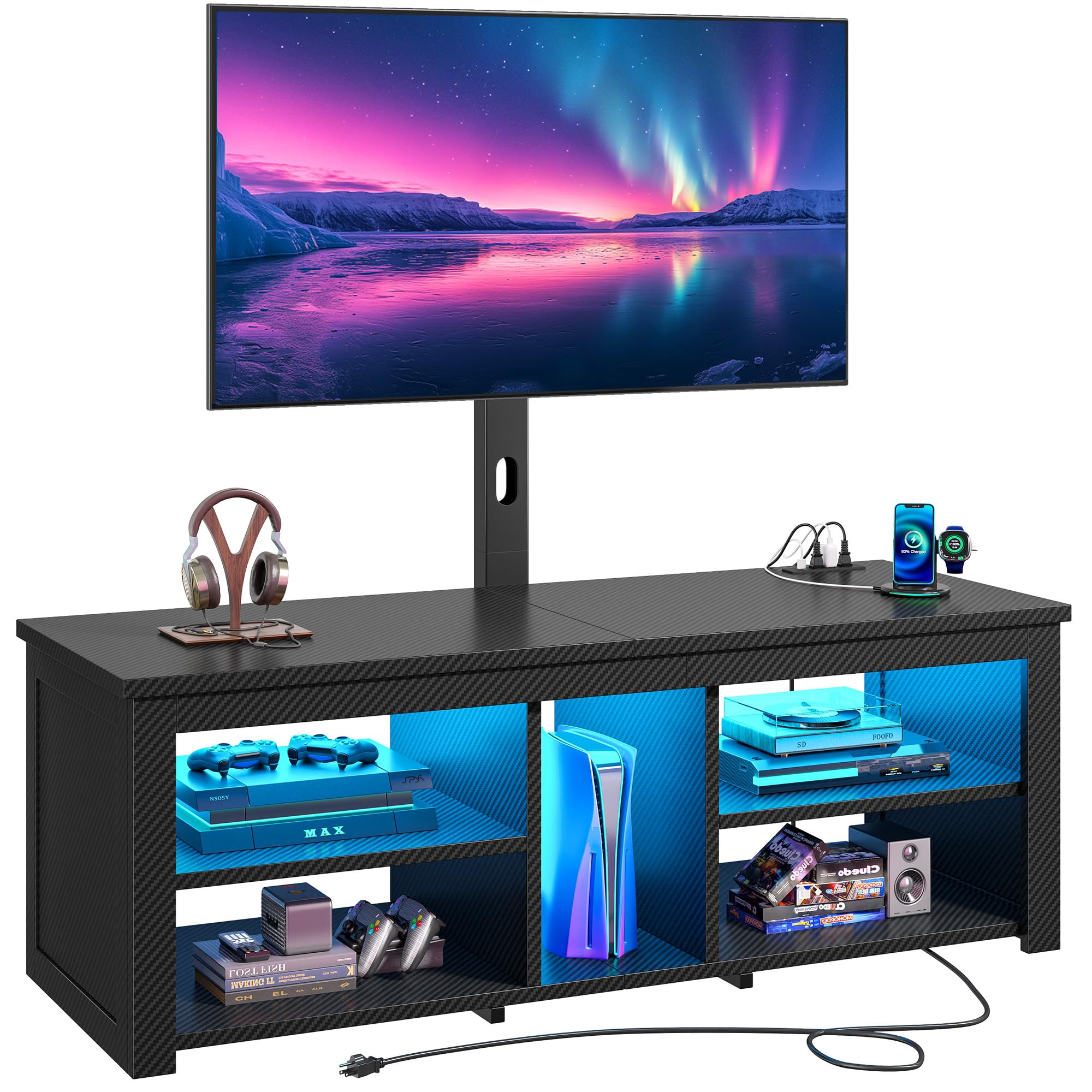 TV Stand with Mount and LED Lights Swivel TV Stand for 70 inch TV Modern Wood Entertainment Center with Power Outlet for Living Room, Gaming Console for Bedroom, Carbon Fiber Black