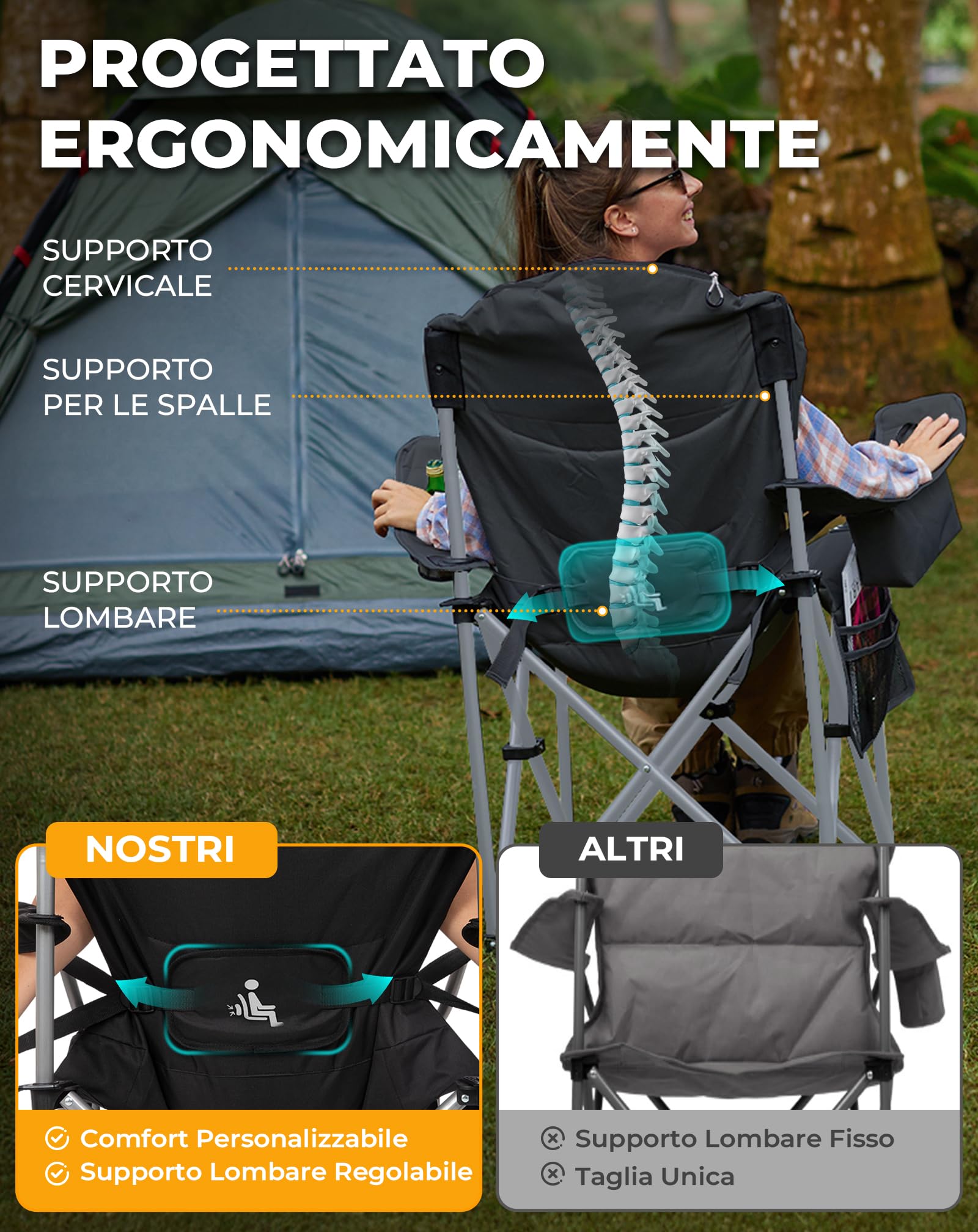 KingCamp Sedia Campeggio Pieghevole Ergonomica Imbottita XXL 250 kg | Sedia con Supporto Lombare Regolabile, Borsa Termica e Braccioli per Camping Giardino Pesca Spiaggia e Festival