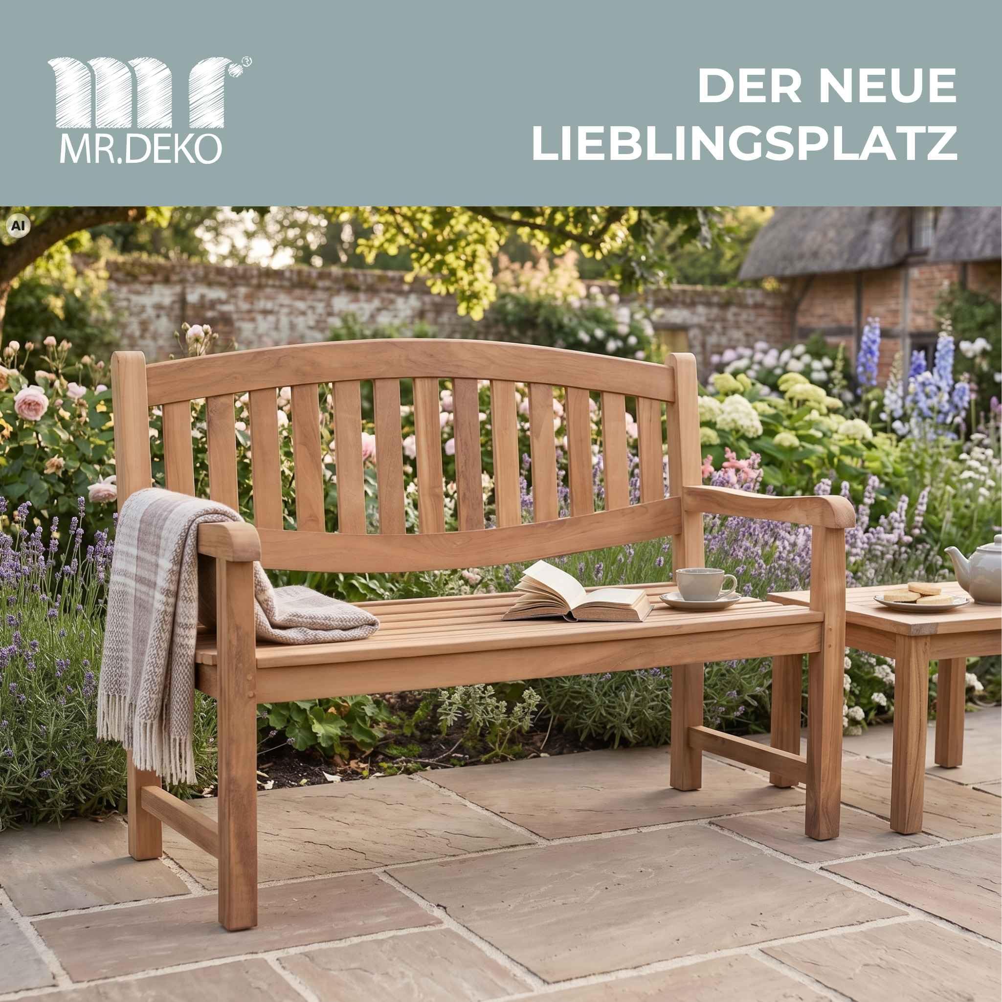 MR. DEKO Gartenbank wetterfest Bradford Sitzbank Teak Holz 120x57x94cm | Balko Bank Garten Parkbank