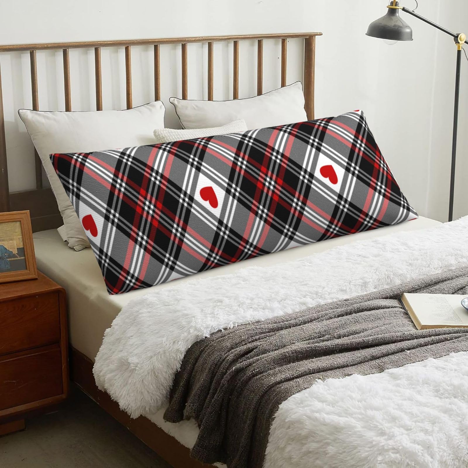 Valentines Plaid Hearts, Body Pillow Cover with Zipper,Long Body Pillowcase 20 x 60 in
