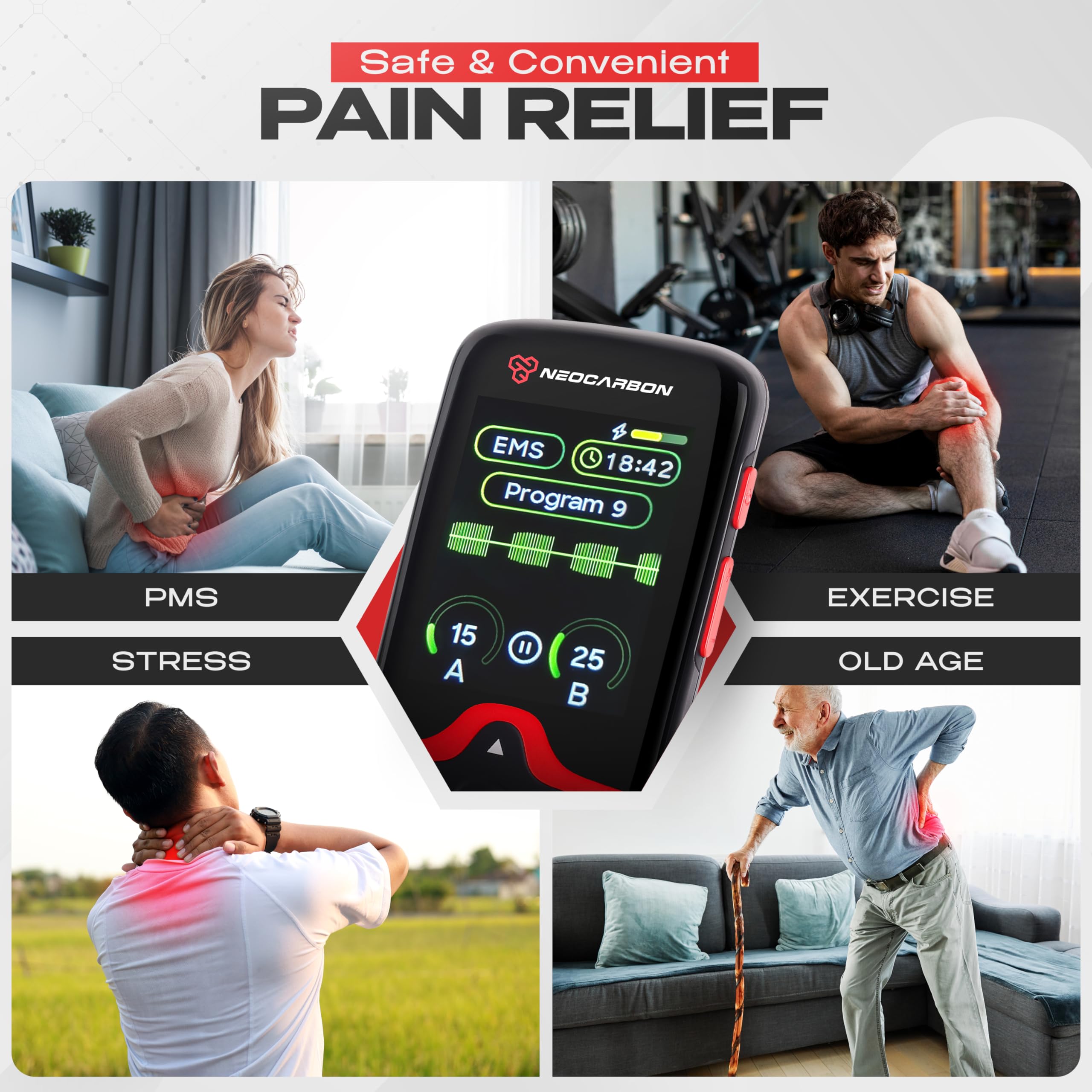 NEOCARBON TENS Unit Muscle Stimulator Ultra for Pain Relief, Red — Amazon image 7