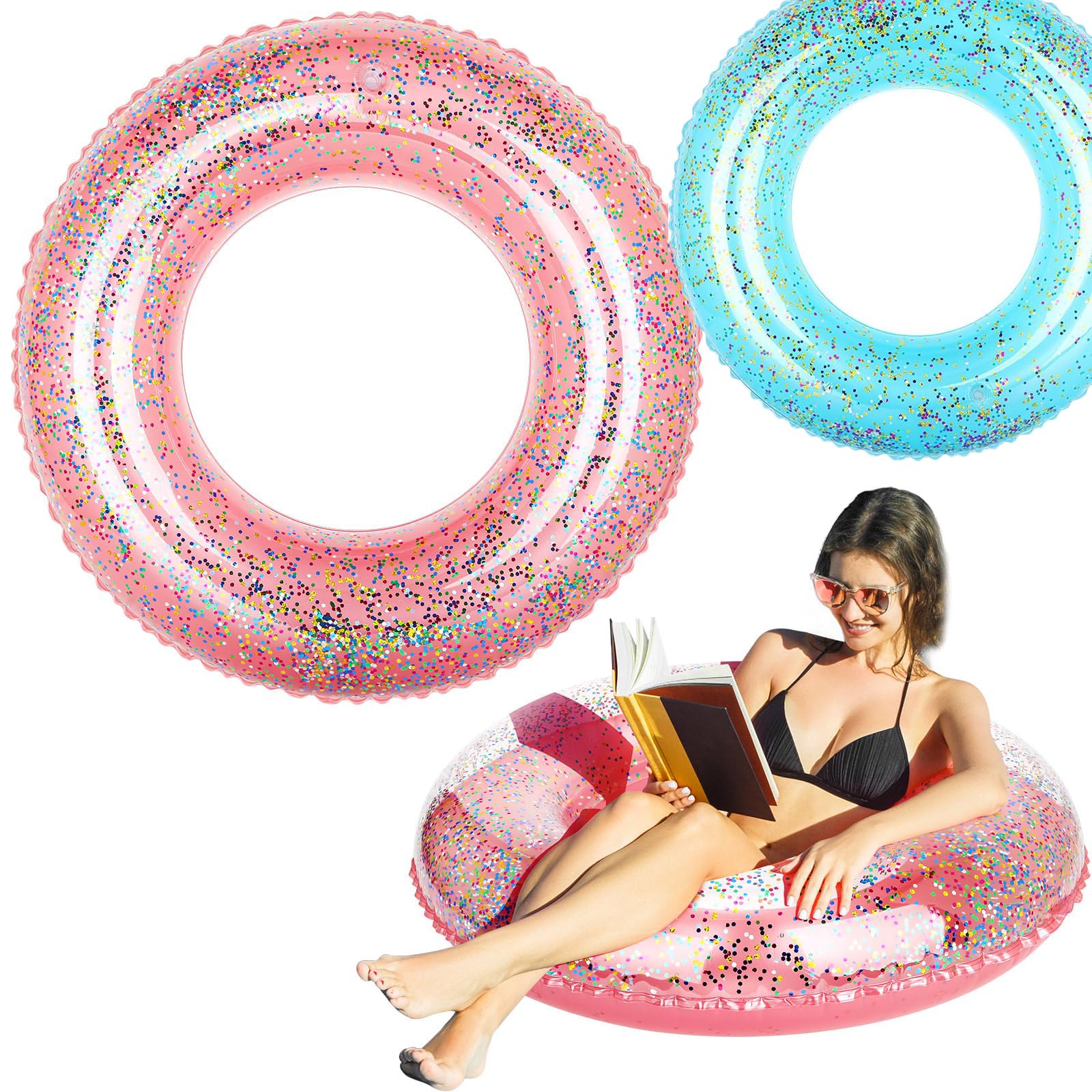 KASTWAVE 2 Pack Swim Rings with Glitter Inflatable Pool Float Tube Transparent Glitter Swim Rings Inner Tubes for Pool Adult Pool Floats Confetti Swim Ring Toys for River Beach Swimming Pool