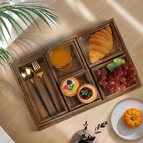 Miniatura 2 de LotFancy Bandejas de madera para servir, juego de 7 piezas, bandejas rústicas para alimentos anidables con asas, bandeja rectangular decorativa para