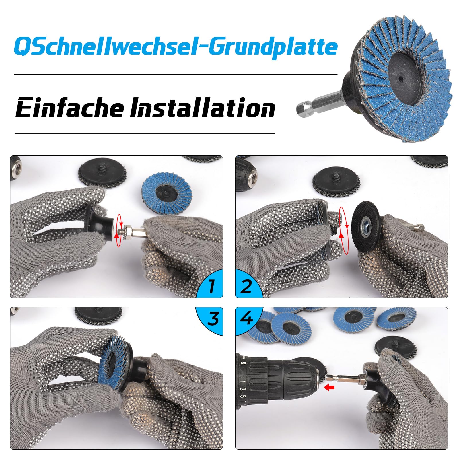 Fächerscheiben 50mm, 75 Stück 2 Zoll Schleifscheiben Körnung 40/60/80/120, Zirkonkorund Blau Schleifmopteller für Winkelschleifer Metall Stahl Holz Polieren Entgraten