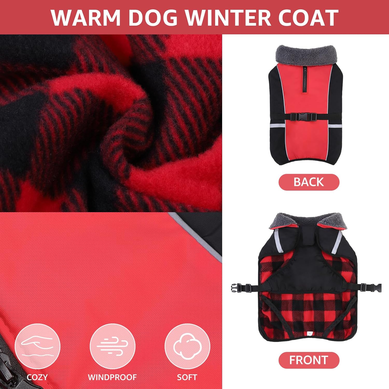 SCENEREAL Warm Dog Coat - Waterproof Dog Jacket for Extra Large Dogs, Fleece Vest with Adjustable Buckle & Leash Hole, Windproof Reflective Cold Weather Coats for Small Medium Large Dogs, XXL - Image 3