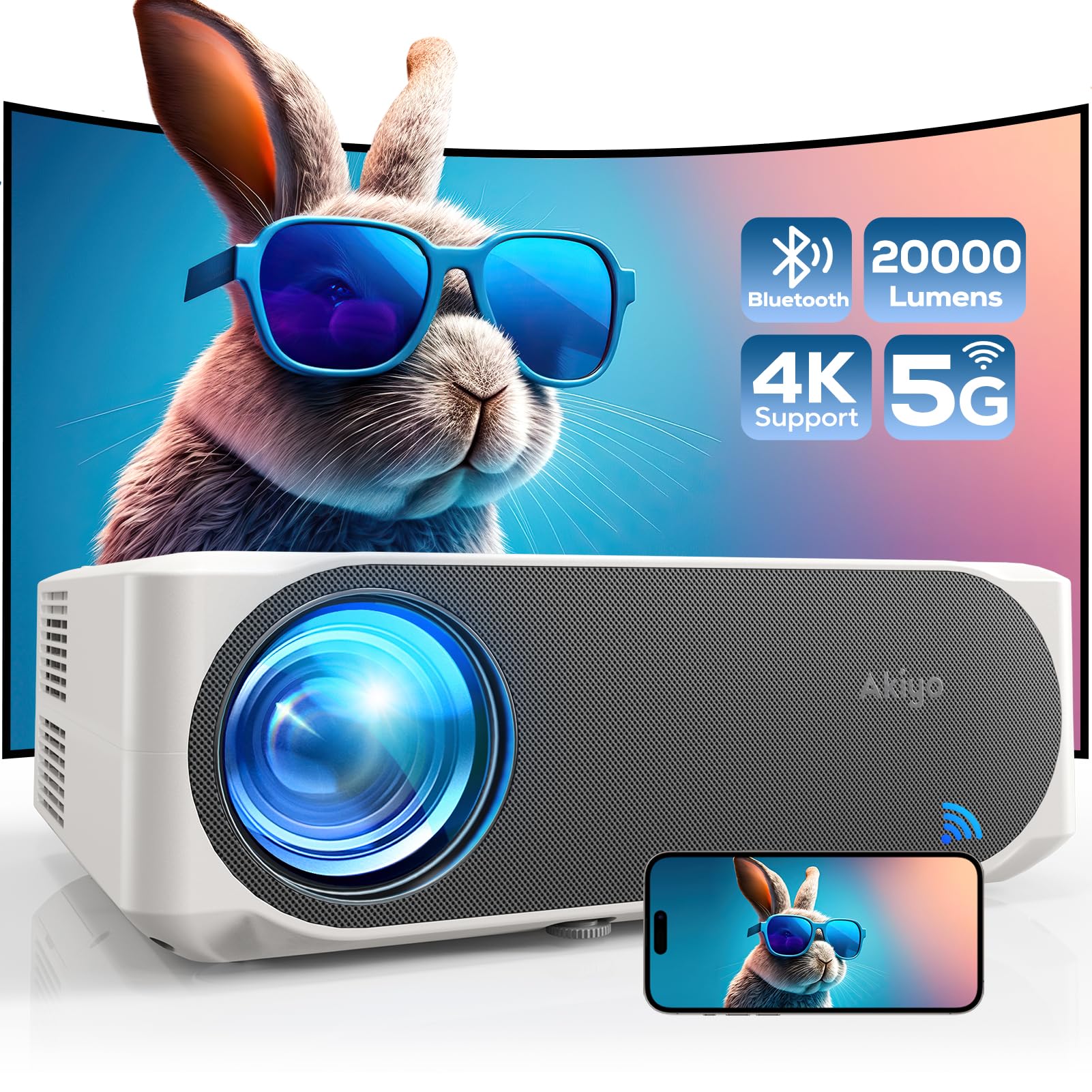 Proiettore 4K AKIYO 20000 Lumen WiFi 6 Bluetooth Full HD 1080P Outdoor Projector Funzione Zoom, Display 300 Pollici per Home Theater, Compatibile con TV Stick/HDMI/USB/iPhone/Android