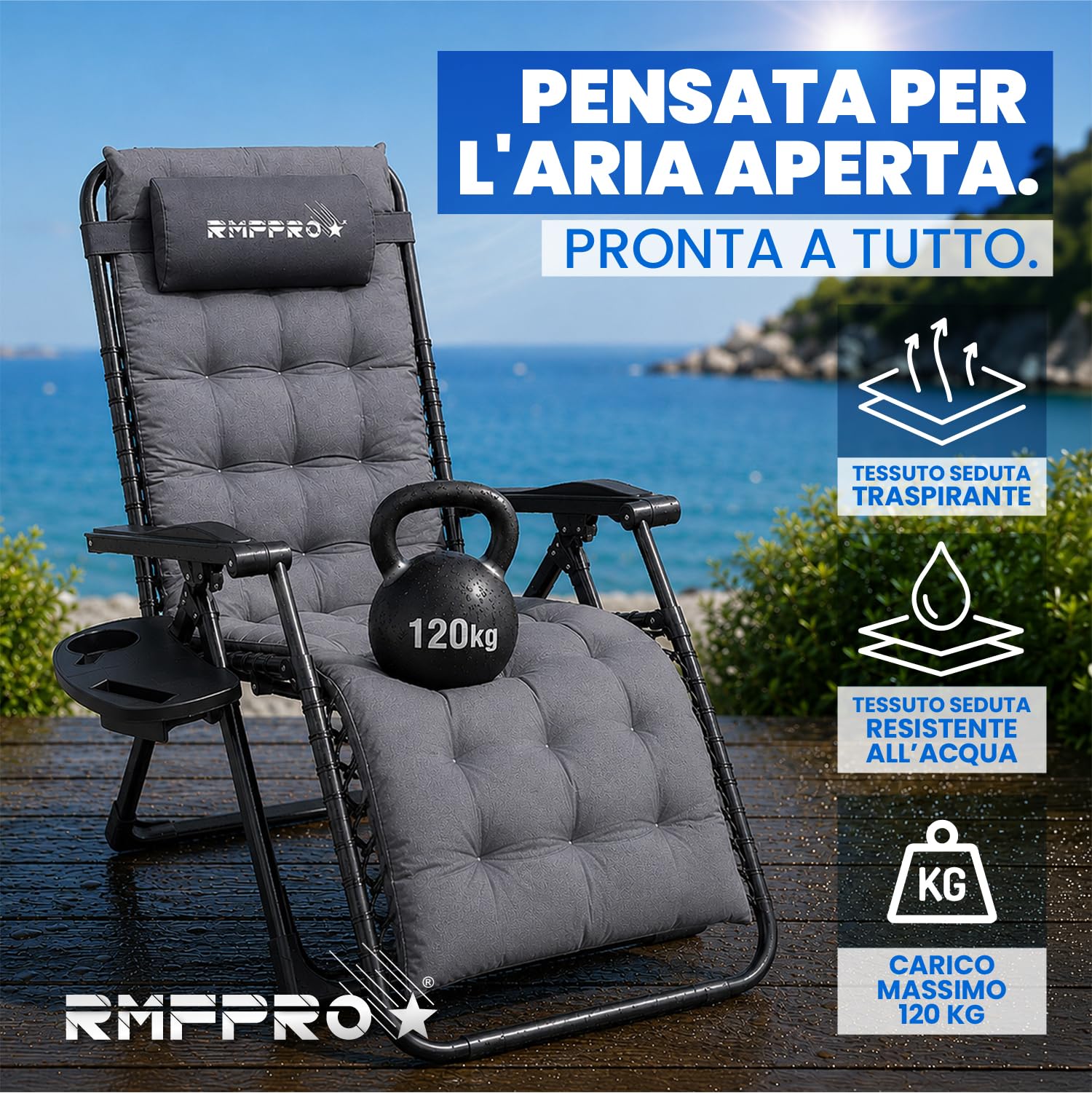 Sdraio da Giardino Pieghevole con Schienale Regolabile Multiposizione, Struttura in Tubi di Acciao Sdraio da Balcone con seduta Comoda - Sedia Sdraio da Esterno Ideale per Mare Esterni Grigia