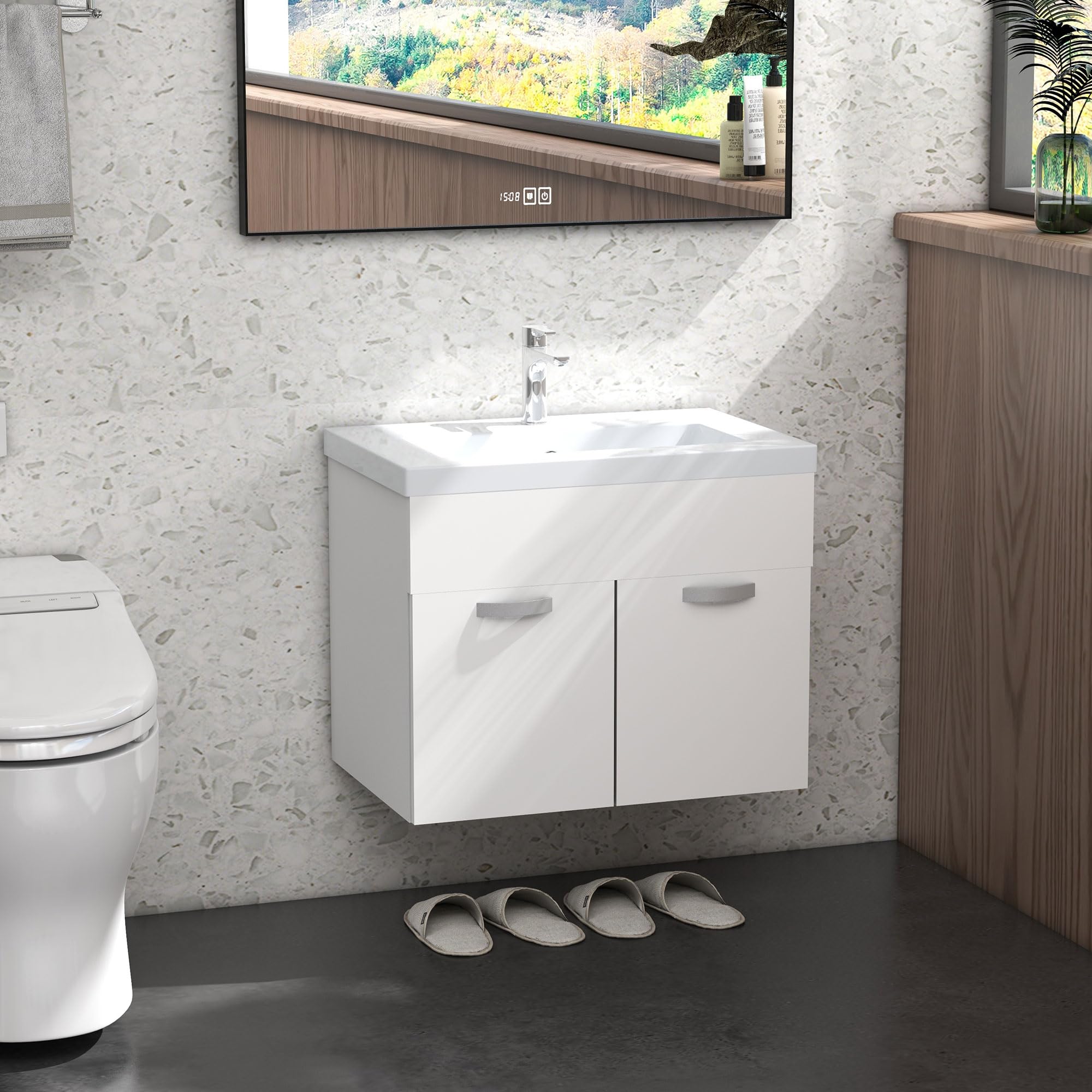 kleankin Mobile Bagno Sospeso con Lavabo, Mobile a 2 Ante con Lavandino e Cerniere Ammortizzate, 61x40x50cm, Bianco Lucido
