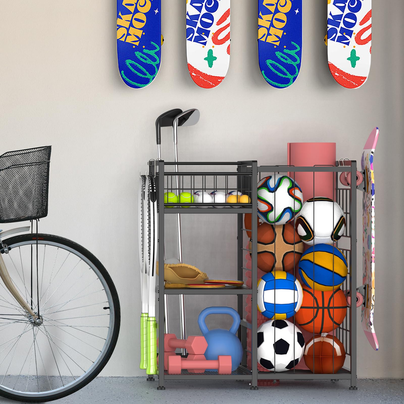 Nandae Soporte de Bolas de Metal, Estante Vertical para Bolas con Ganchos, Organizador de Equipos Deportivos para Habitaciones y Exteriores para Baloncesto, fútbol, Voleibol, Golf