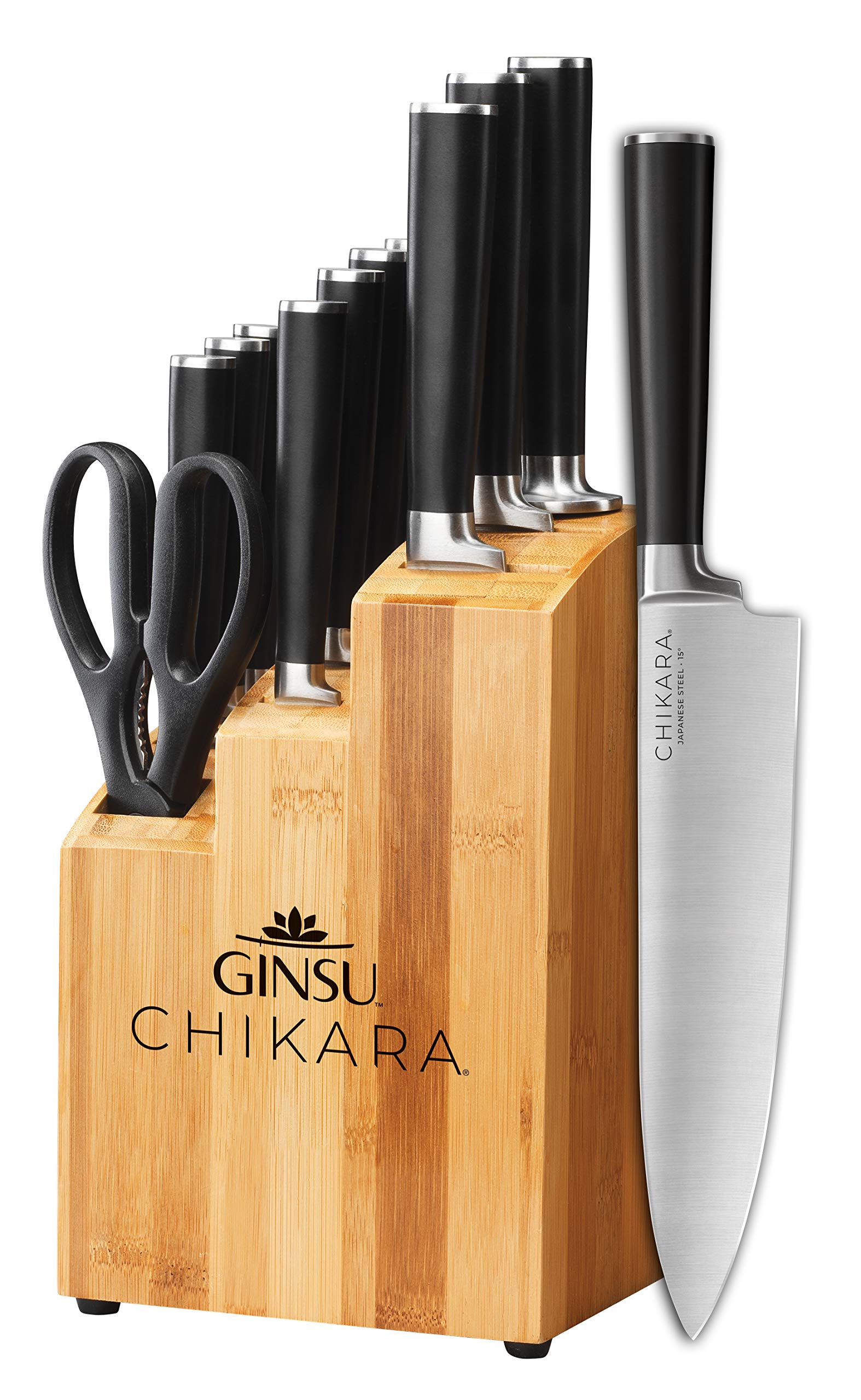 Ginsu Gourmet Chikara Series Forged 12-Piece Japanese Steel Knife Set – Cutlery Set with 420J Stainless Steel Kitchen Knives – Bamboo Finish Block, 07112DS