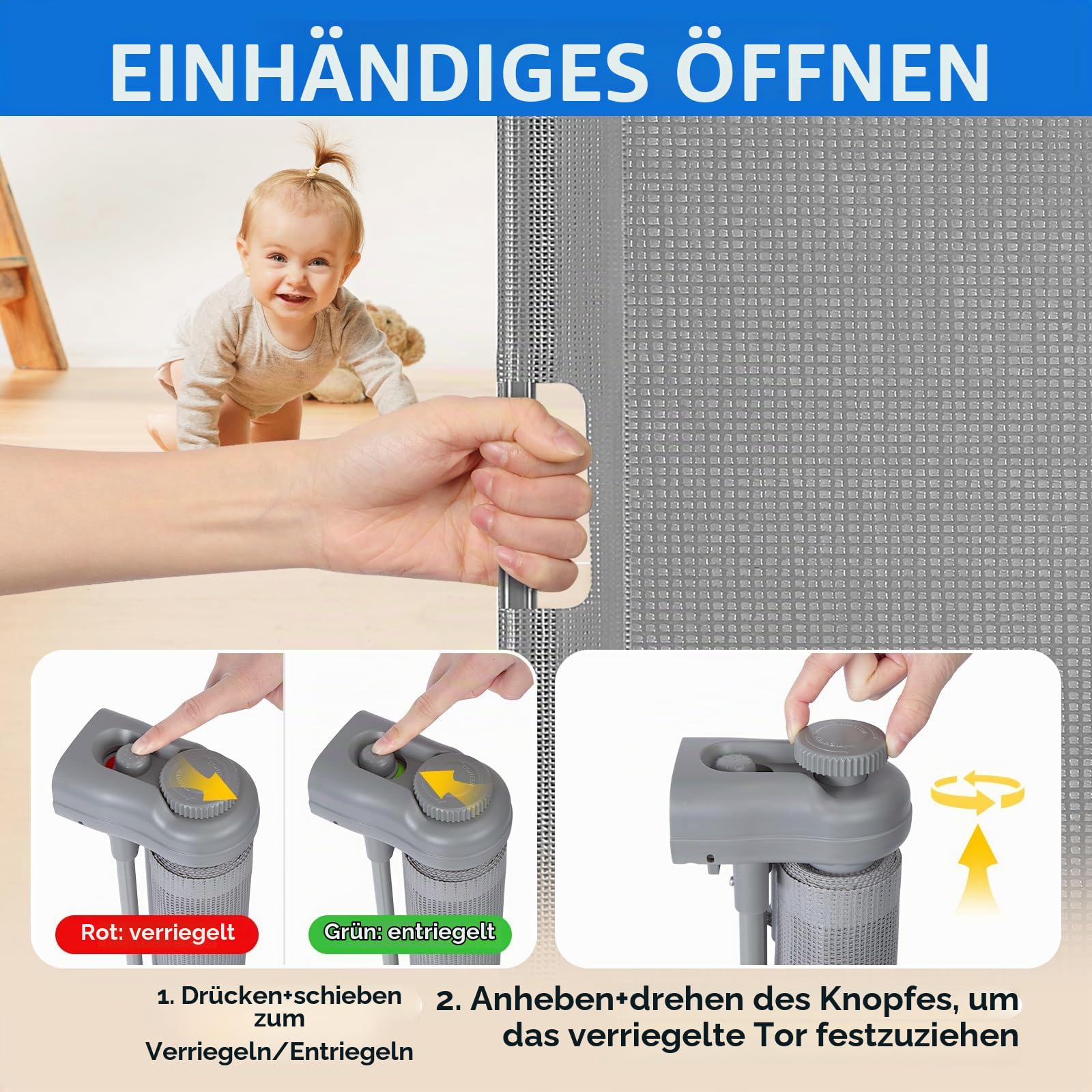 MYPIN Extra breites Türschutzgitter Ausziehbar, 0-300cm Treppenschutzrollo Hund Türgitter und Baby Treppenschutzgitter Einziehbares Tür Ausziehbare Kinder Schutzgitter für Innen- und Außenbereich,Grau