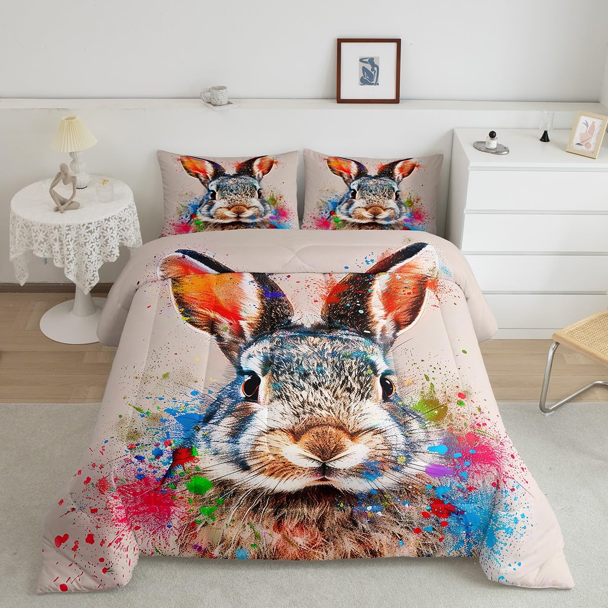 Feelyou Kids Comforter Set - Twin Size White Brown Rabbit Cartoon Bedding With Pillow Sham, Floral Butterfly Rainbow Design For Boys & Girls