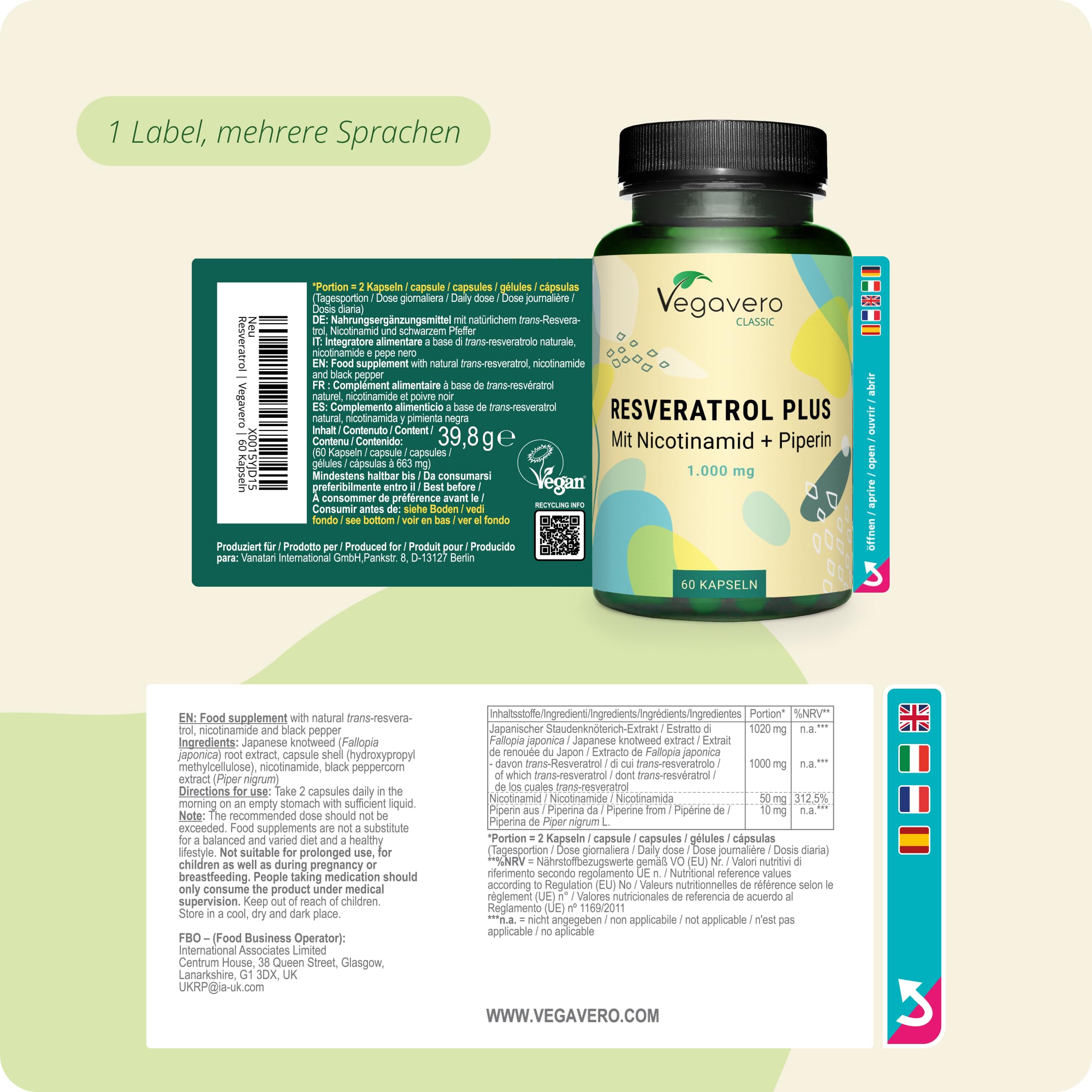 Resveratrol Vegavero | 1000 mg Trans-Resveratrol (125:1) | Plus Nicotinamid und Piperin | 98% rein | aus japanischem Staudenknöterich | Ohne Zusatzstoffe | 60 Kapseln | Vegan