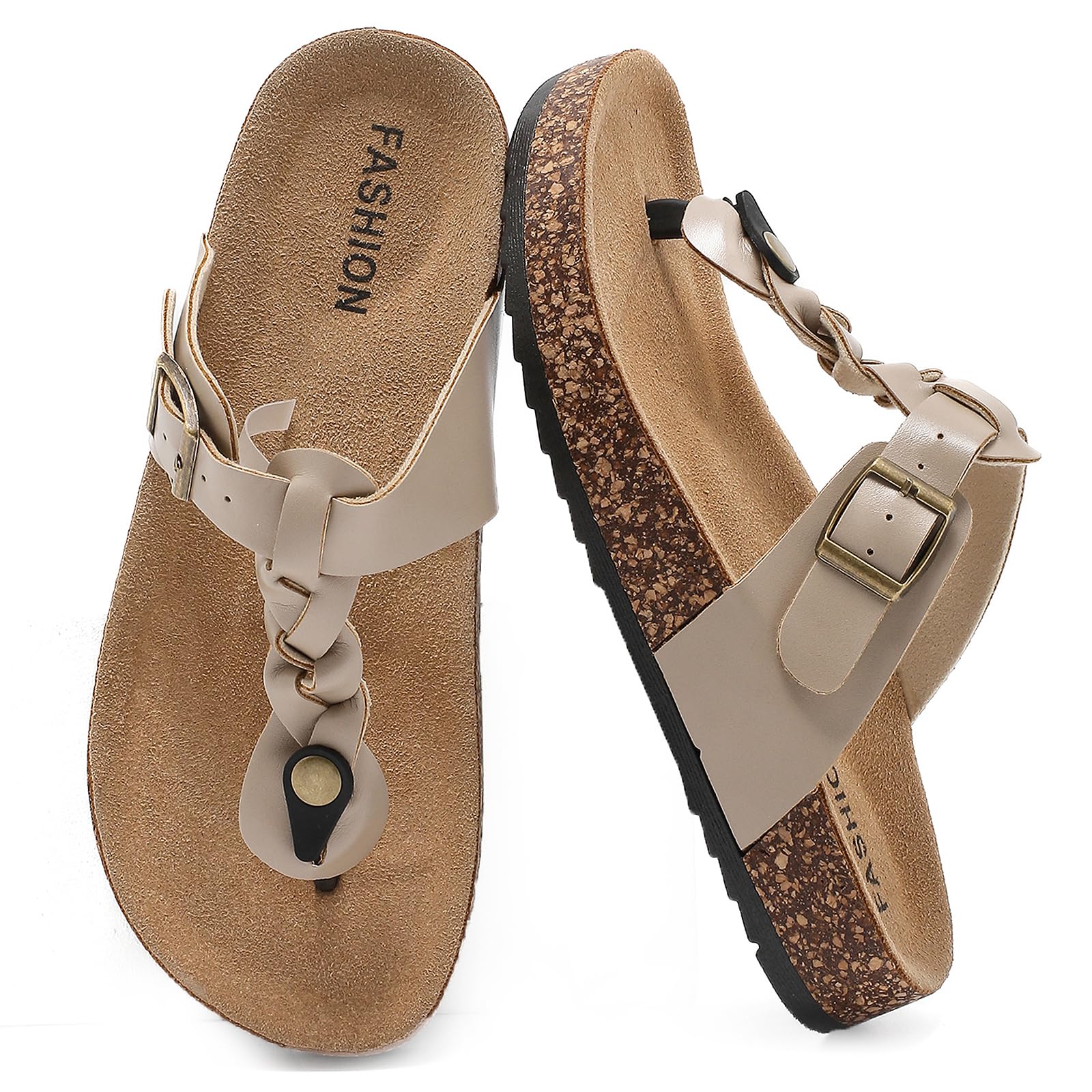 zaxunai Lässig Flach Zehentrenner Damen, Kork Fußbett Sommer Schlappen Unisex, Herren Flip flop Sandalen mit Einstellbarer Schnalle, Pantoletten Rutschfest Badelatschen, Bequem Hausschuhe