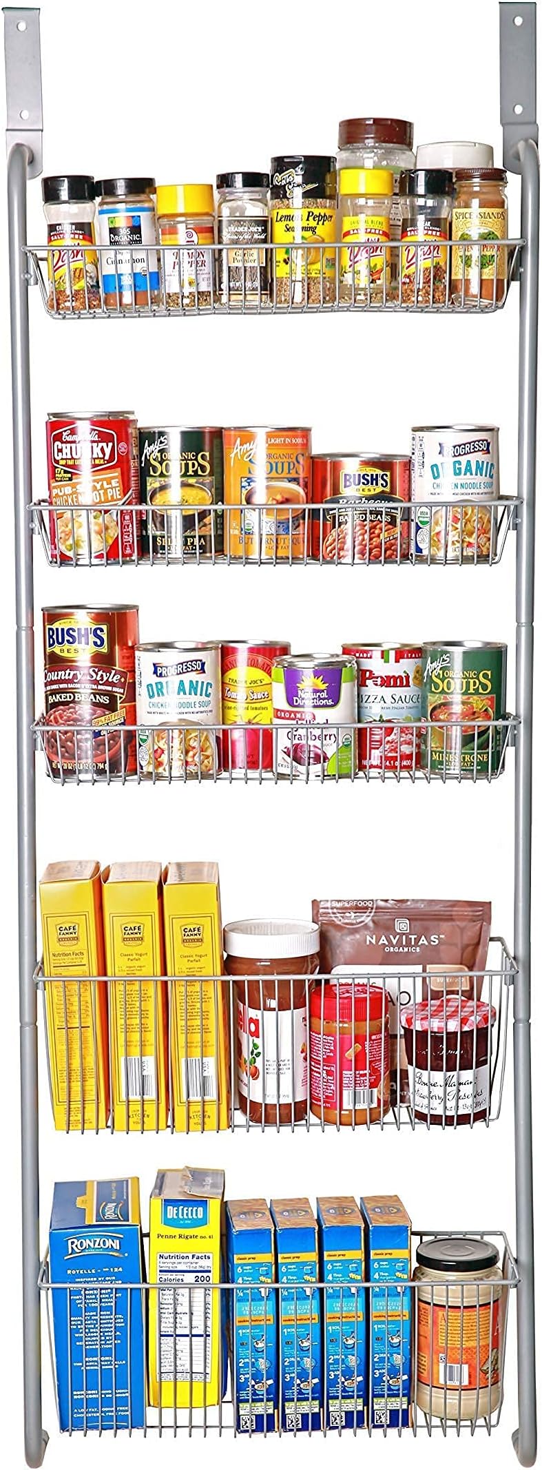 Over the Door Rectangular Metal Basket Organizer, Silver, 5-Tier Shelf with Hanging Brackets, Ideal for Kitchen, Bathroom, Playroom, Office, and Garage