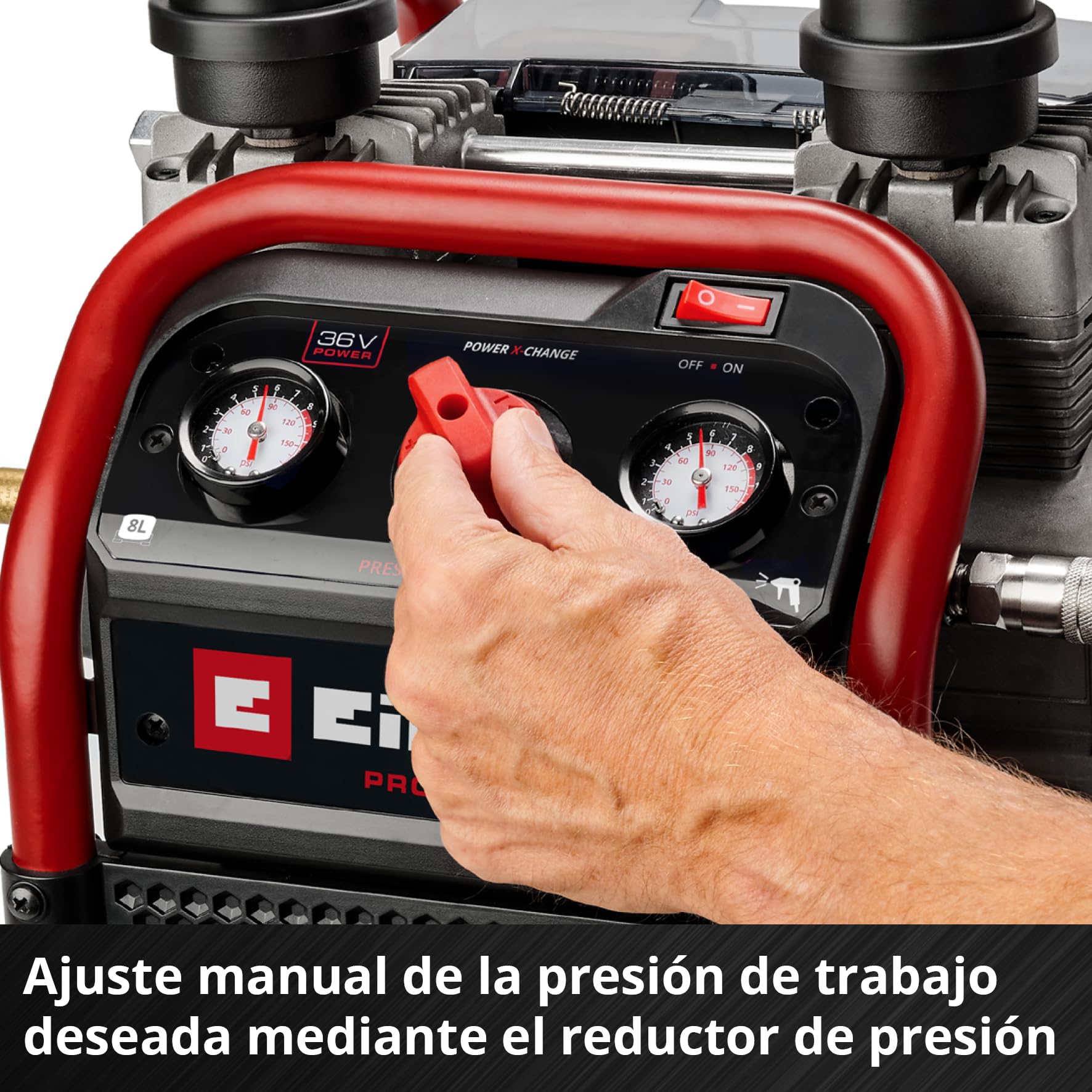 Compresor con batería SILENZZO 36/210 Einhell Professional Power X-Change (36 V, máx. 8 bar, depósito de 8 l, potencia de aspiración 210 l/min, manómetro, sin aceite, silencioso, sin batería)