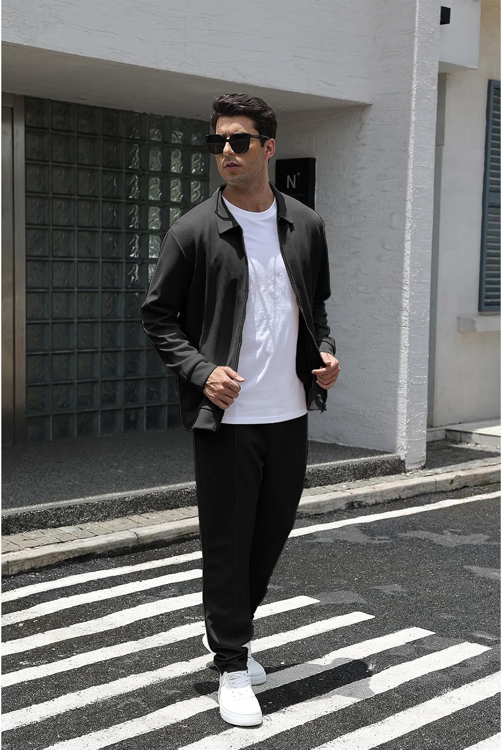 Men's Full Zip Polo Jacket & Drawstring Pants Set 2pcs Regular Fit Casual Sport Tracksuit with Pockets