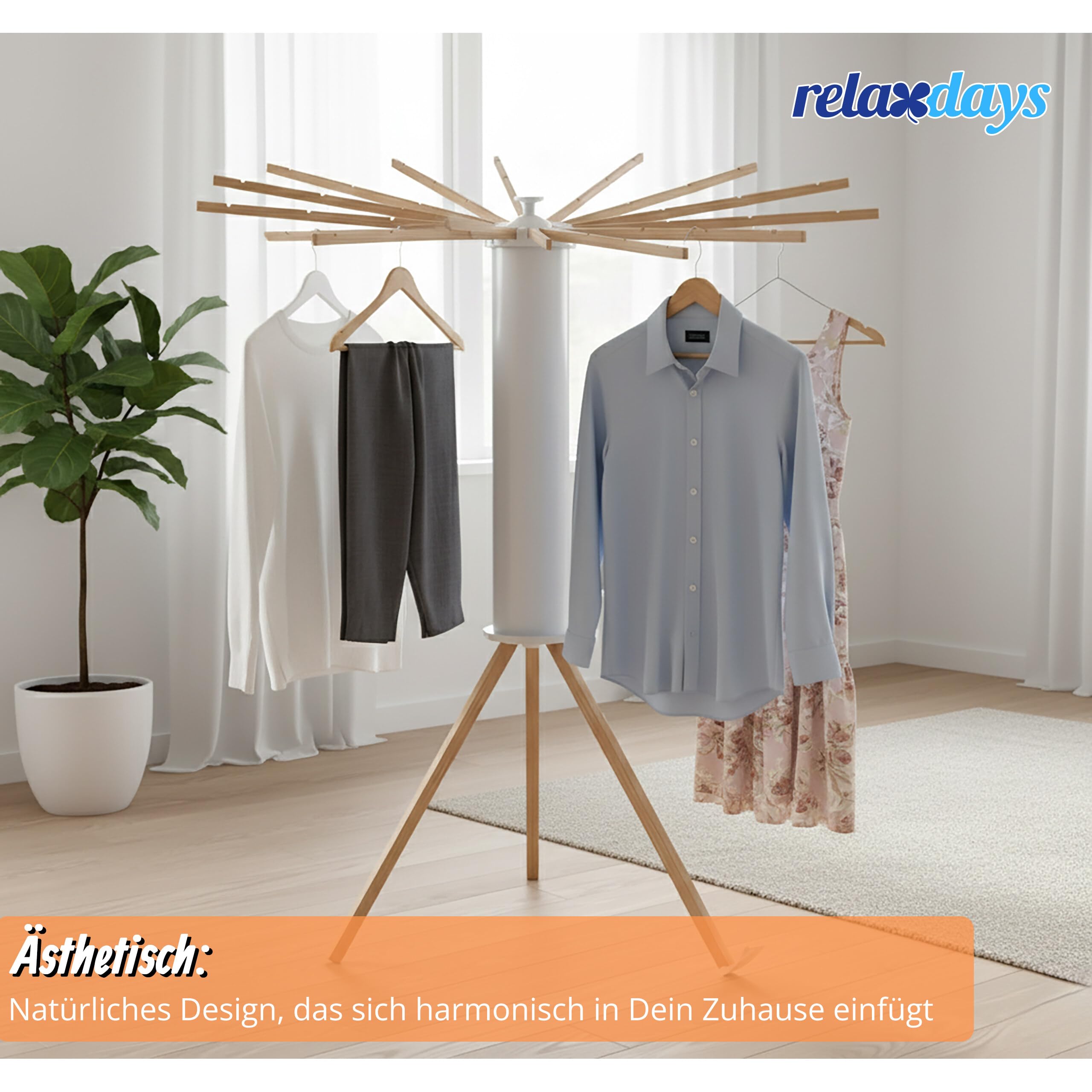 Relaxdays Wäscheständer, klappbar, 16 Trockenstangen, HxD 121 x 112 cm, Balkon & Camping, Wäschespinne Holz, weiß/Natur